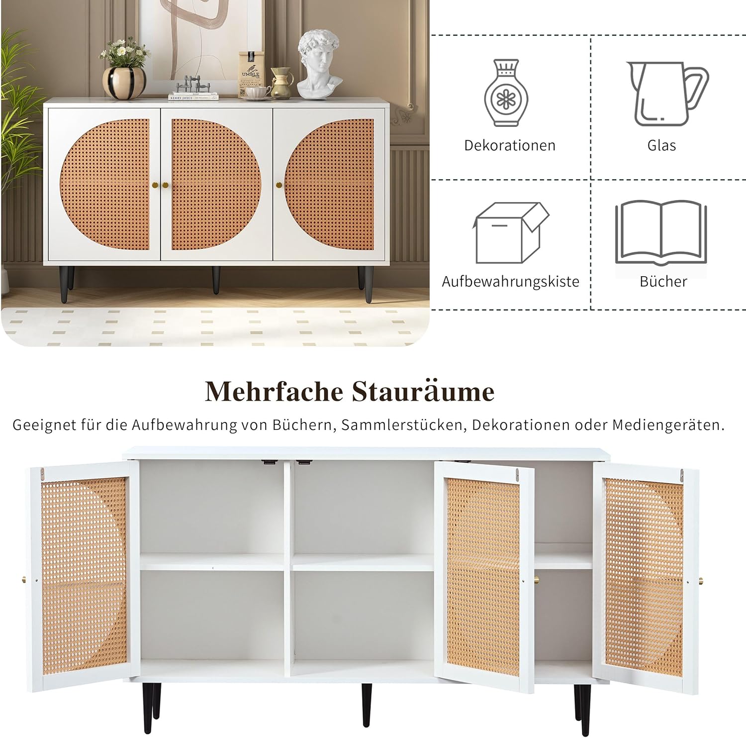Sideboard mit 3 Rattan Verzierten Türen, Kommode Highboard für Schlafzimmer ||  Sideboard with 3 Rattan Decorated Doors, Chest of Drawers Highboard for Bedroom