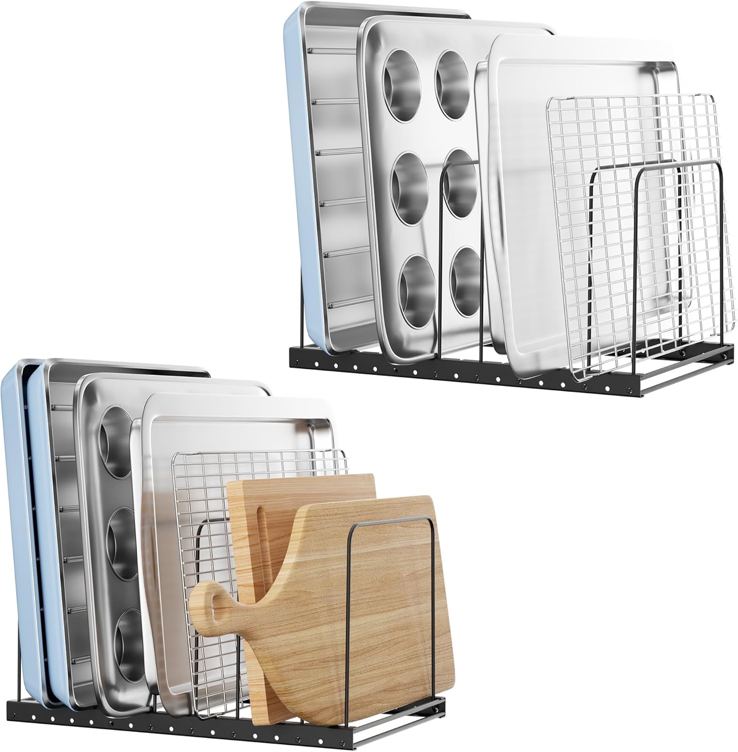 Metal Bakewar2 Pack Cutting Board Holder Stand Organizer Rack for Cabinet, 7 Slot Adjustable Dividers Baking Sheet Organizer for Counterop, Chopping Board Holder for Cookie Sheet, Baking Tray and Thin Panse Organizer Rack