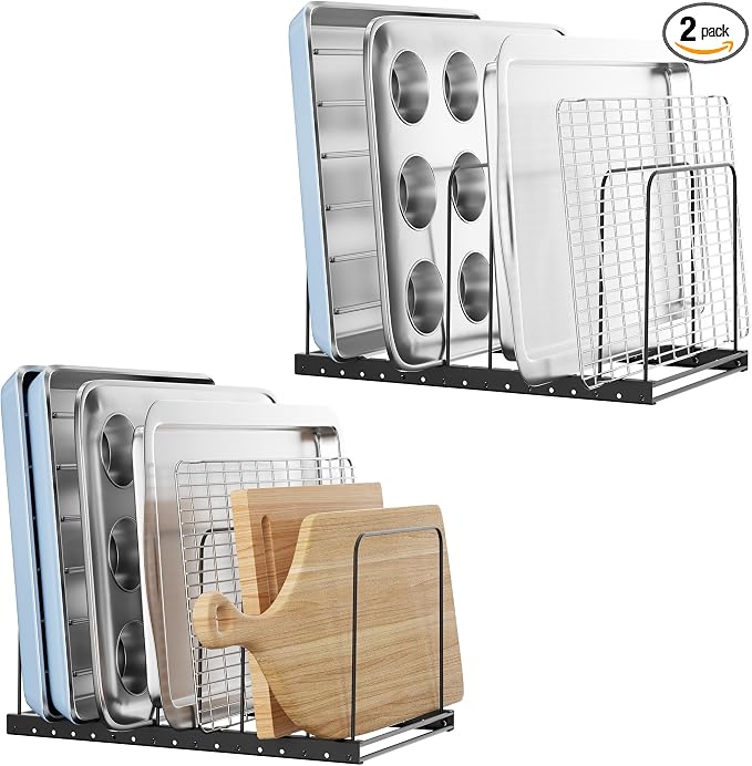 Cutting Board Holder Stand Organizer Rack for Cabinet, 7 Slot Adjustable Dividers Baking Sheet Organizer for Counterop, Chopping Board Holder for Cookie Sheet, Baking Tray and Thin Pans, Black