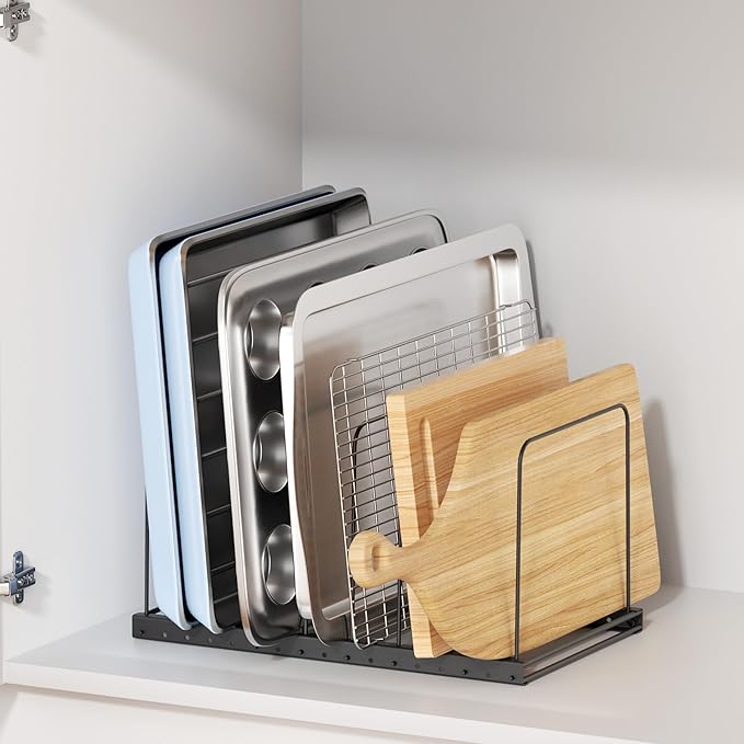 Cutting Board Holder Stand Organizer Rack for Cabinet, 7 Slot Adjustable Dividers Baking Sheet Organizer for Counterop, Chopping Board Holder for Cookie Sheet, Baking Tray and Thin Pans, Black