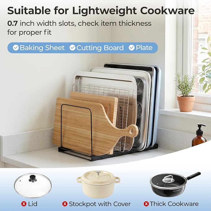 Cutting Board Holder Stand Organizer Rack for Cabinet, 7 Slot Adjustable Dividers Baking Sheet Organizer for Counterop, Chopping Board Holder for Cookie Sheet, Baking Tray and Thin Pans, Black