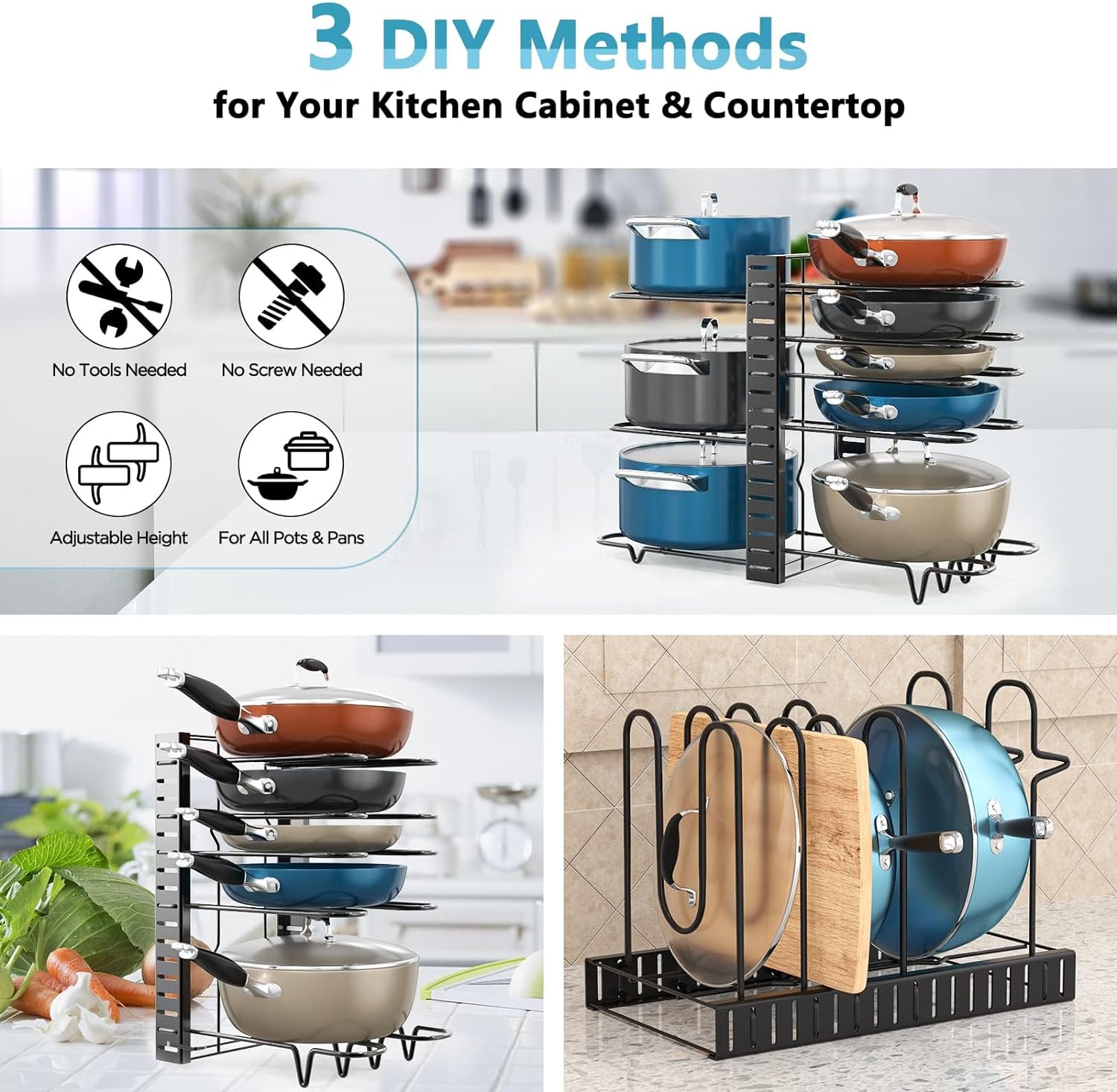 ORDORA Pots and Pans Organizer for Cabinet 16.61 Height, 8 Tier Pot Organizers Rack with 3 DIY Methods