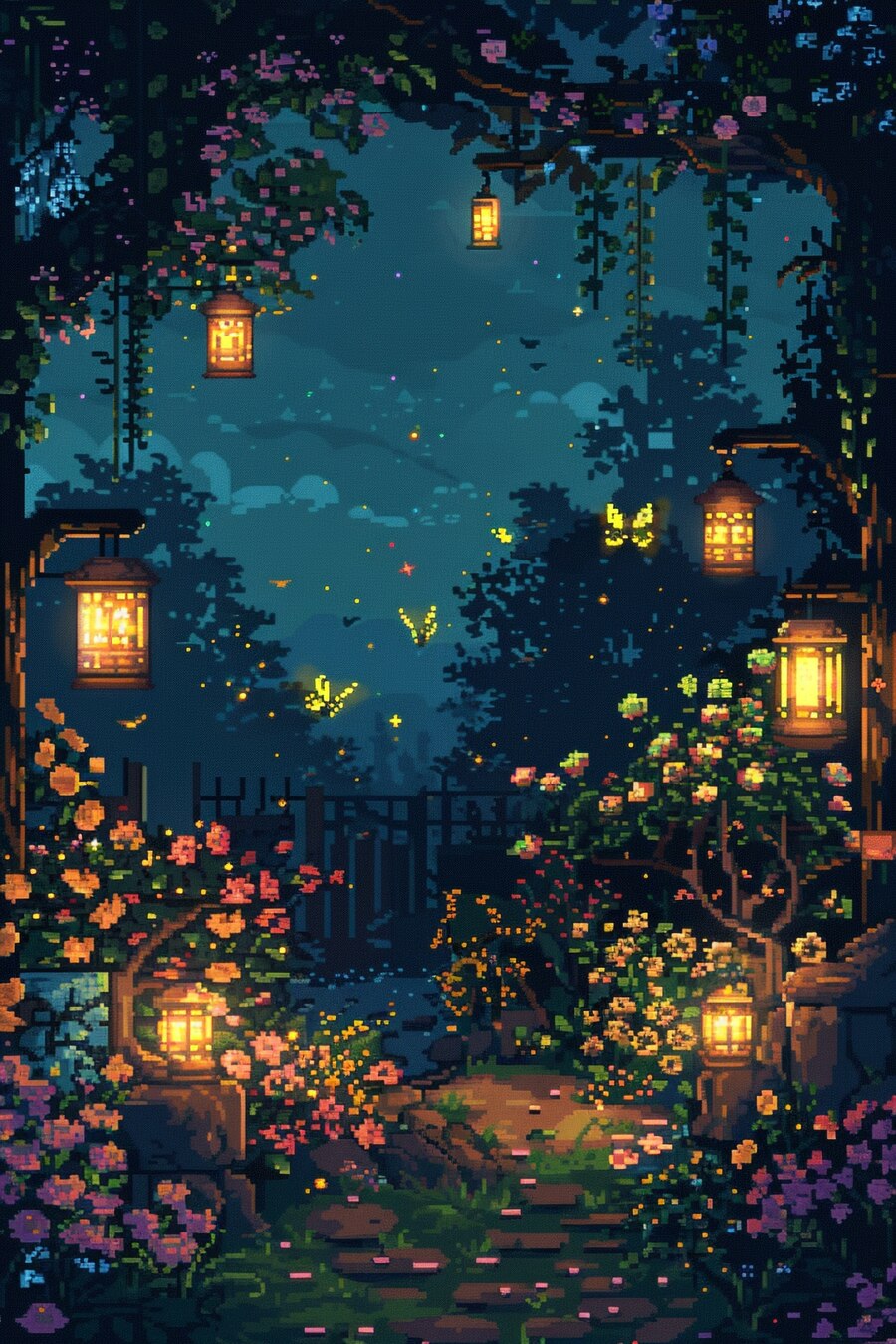 Moonlit Blooms: A Garden's Pixel Dream