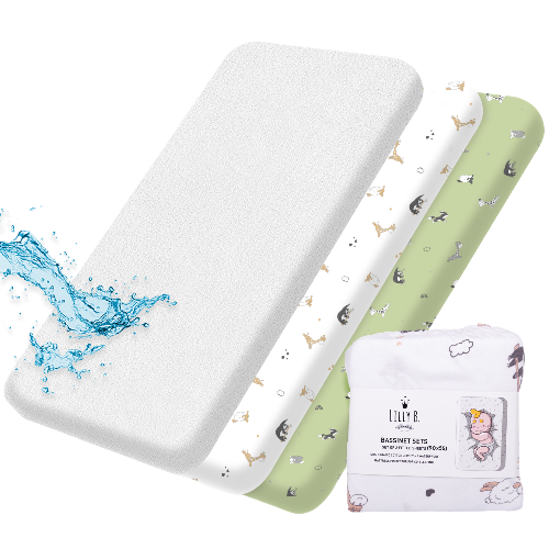Lilly Belly Pack of 3 Organic Cotton GOTS Fitted Sheets 2+1 Waterproof Protector, 90x55cm, 60x120cm, 70x140cm (Animal)