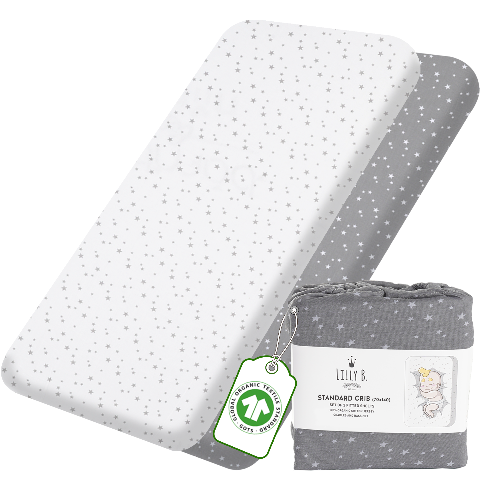 Lilly Belly Pack of 2 100% Organic Cotton GOTS Cert. Simple Crib Sheets 90x55cm, 60X120cm,70x140cm (Star)