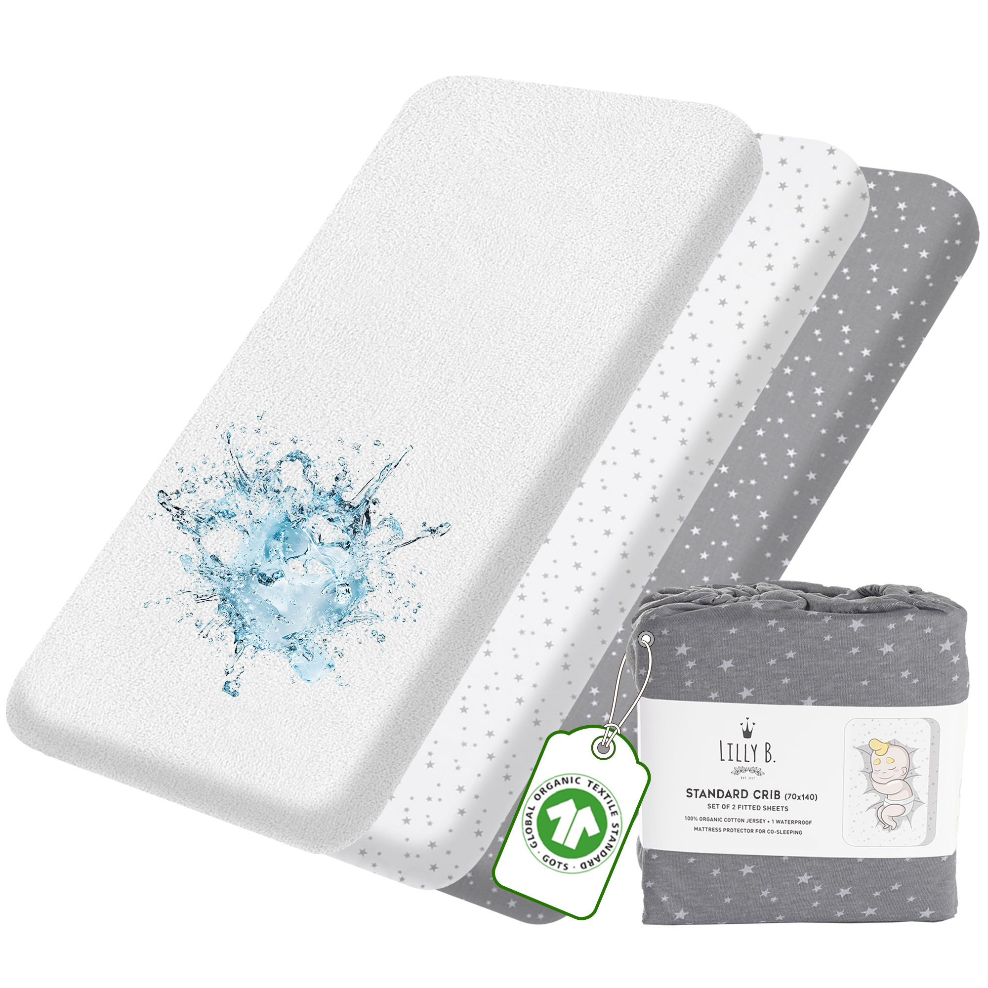 Lilly Belly Pack of 3 100% Organic Cotton GOTS, Cot Bed Sheets 2+1 Waterproof Protector 90x55cm, 60x120 cm, 70x140 cm. (Star)