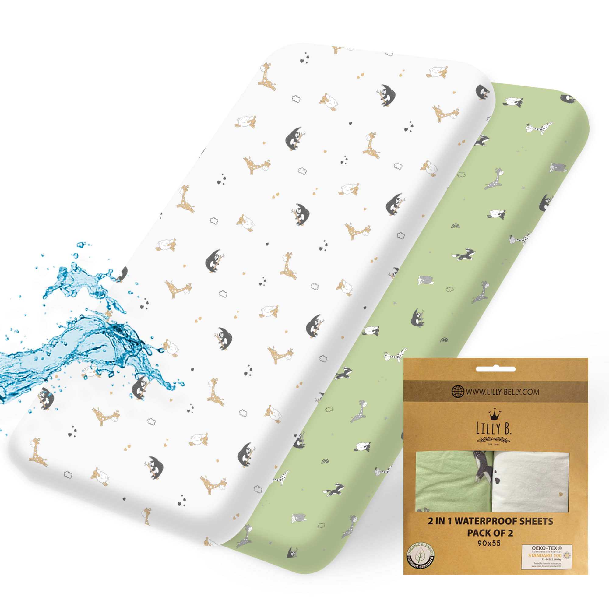 Lilly Belly Pack of 2 Organic Cotton GOTS Waterproof Crib Sheets 90x55 cm, 60x120 cm, 70x140 cm (Animal)