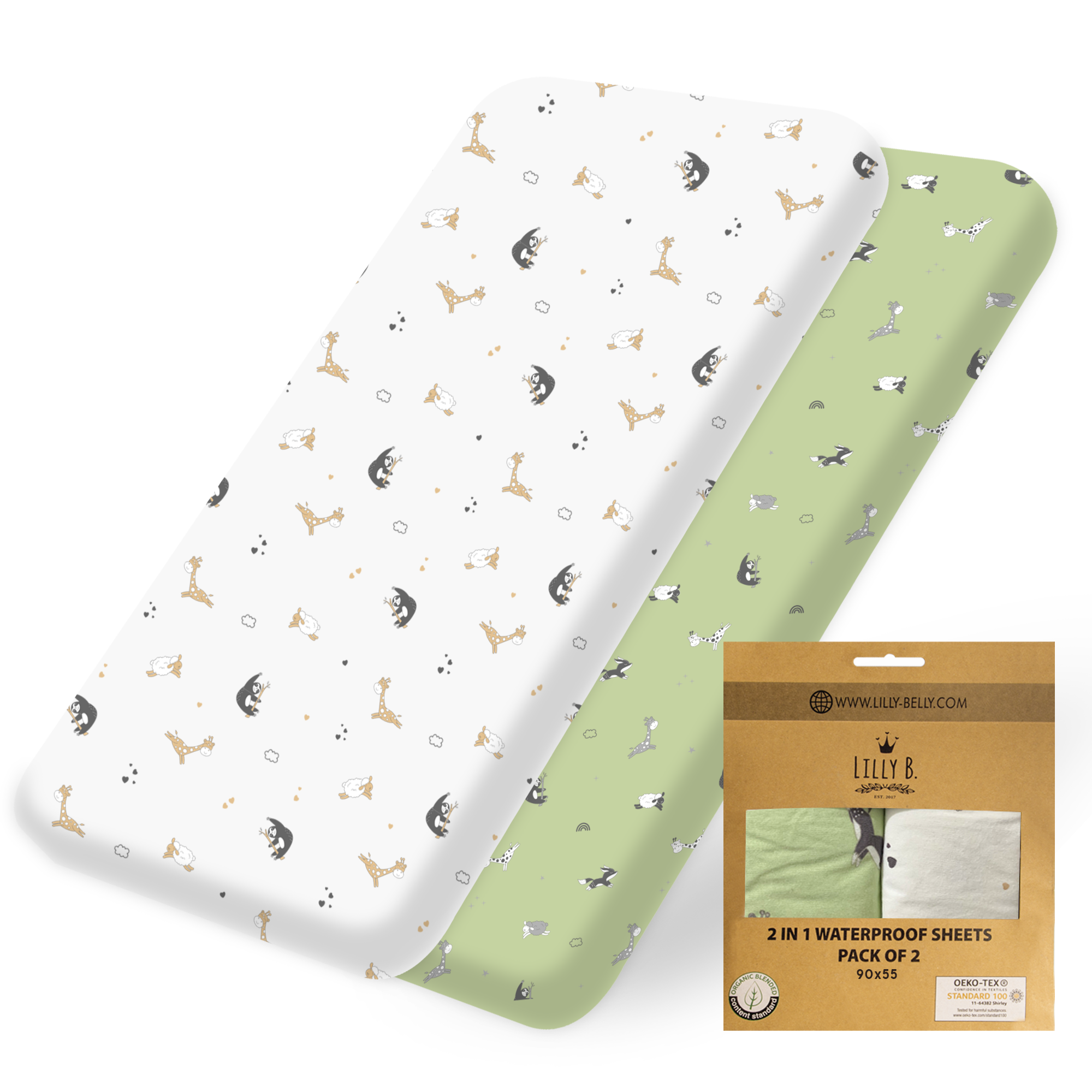 Lilly Belly Pack of 2 Simple Organic Cotton GOTS Crib Sheets 90x55 cm, 60x120 cm, 70x140 cm (Animal)