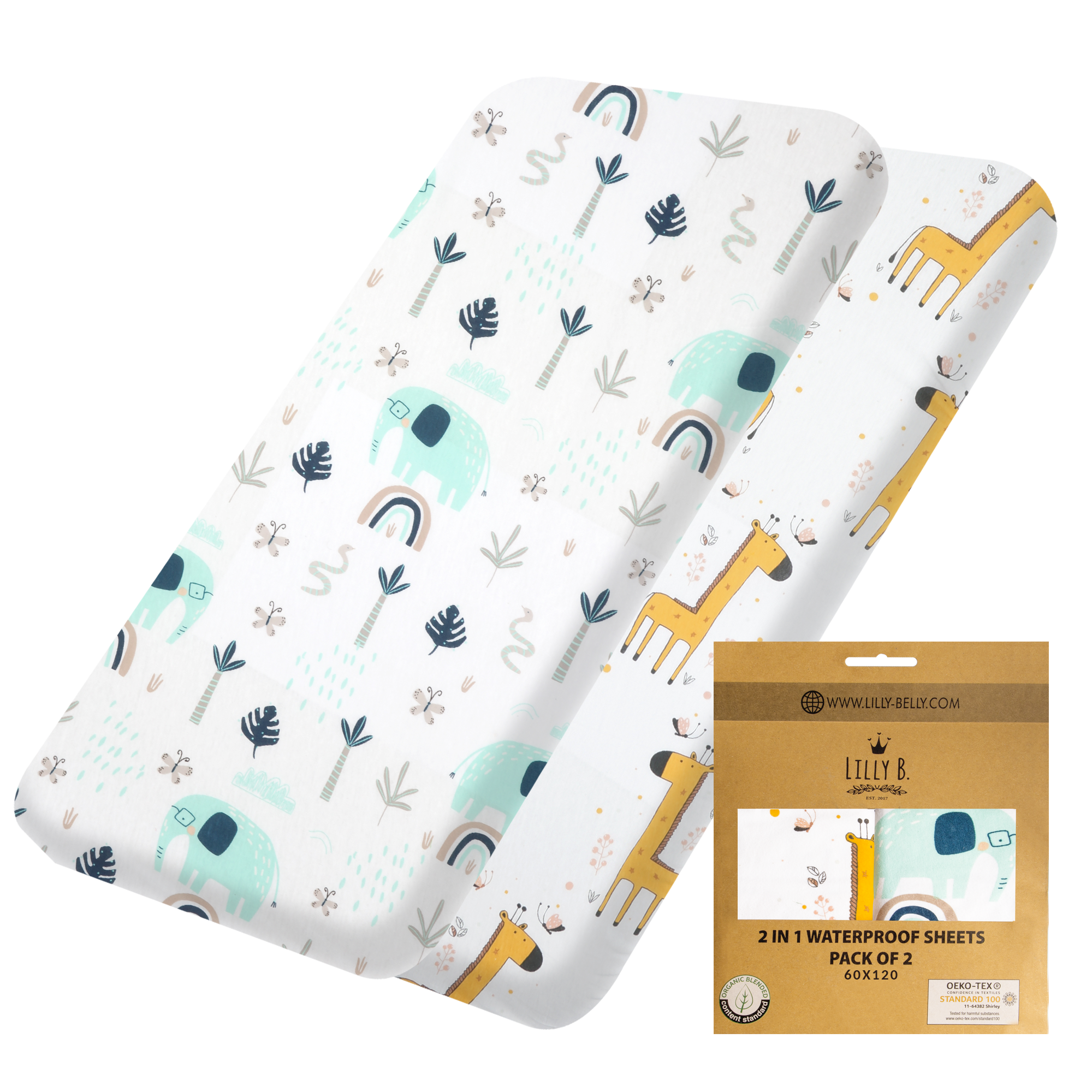 Lilly Belly Pack of 2 Organic Cotton GOTS Crib Sheets 90x55 cm, 60x120 cm, 70x140 cm (Jungle)
