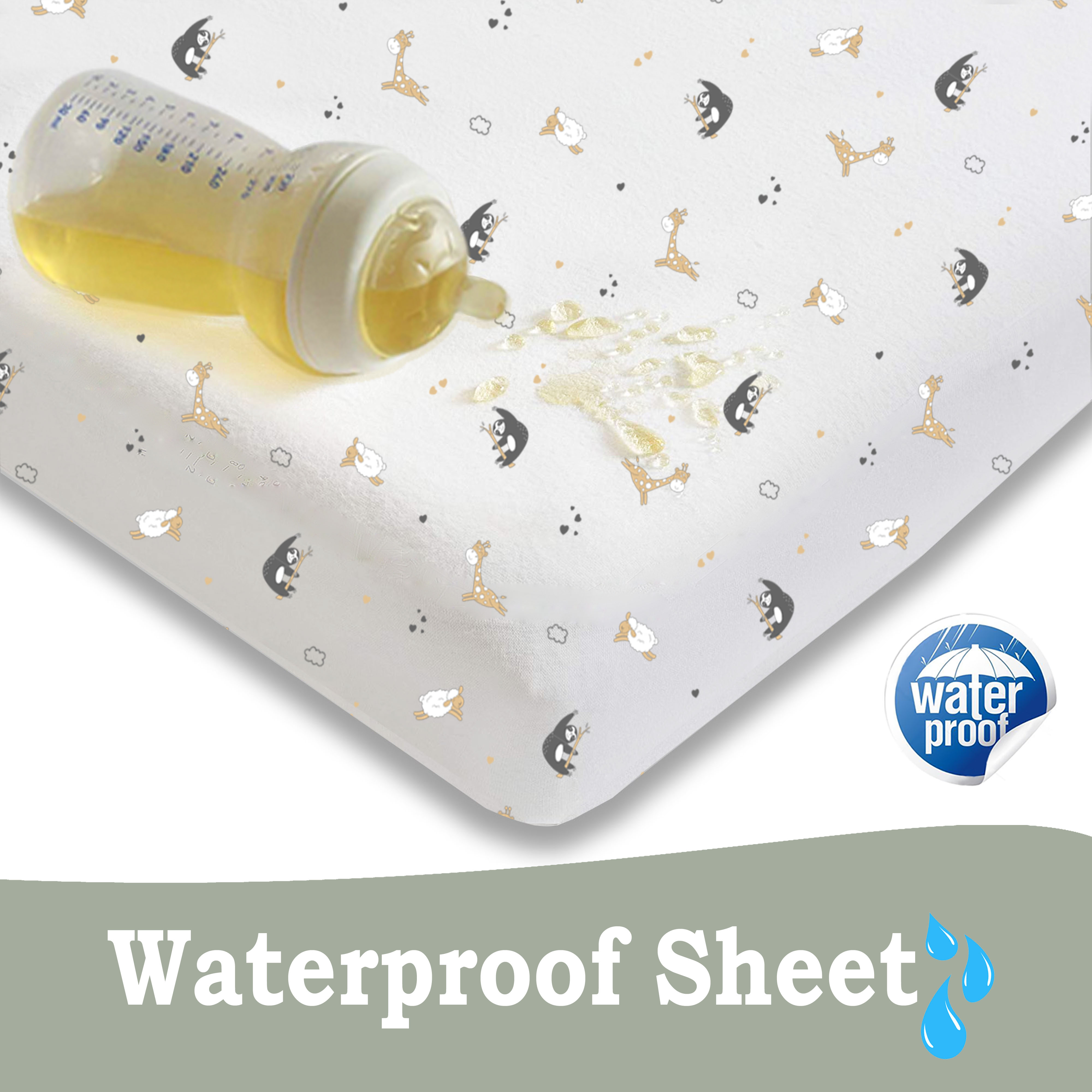 Lilly Belly Pack of 3 Organic Cotton GOTS Fitted Sheets 2+1 Waterproof Protector, 90x55cm, 60x120cm, 70x140cm (Animal)