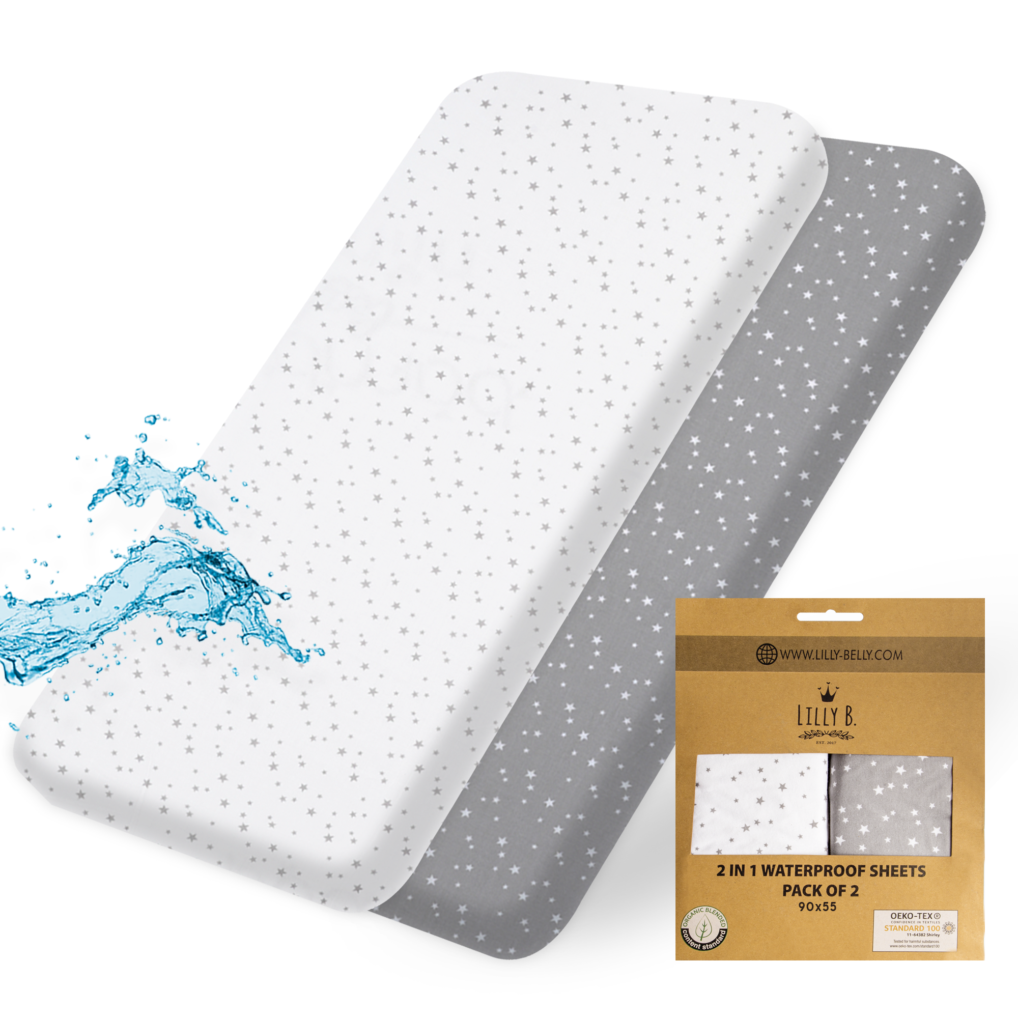 Lilly Belly Organic Cotton GOTS Pack of 2 Waterproof Baby Crib Sheets 90x55 cm, 60x120 cm, 70x140 (Star)