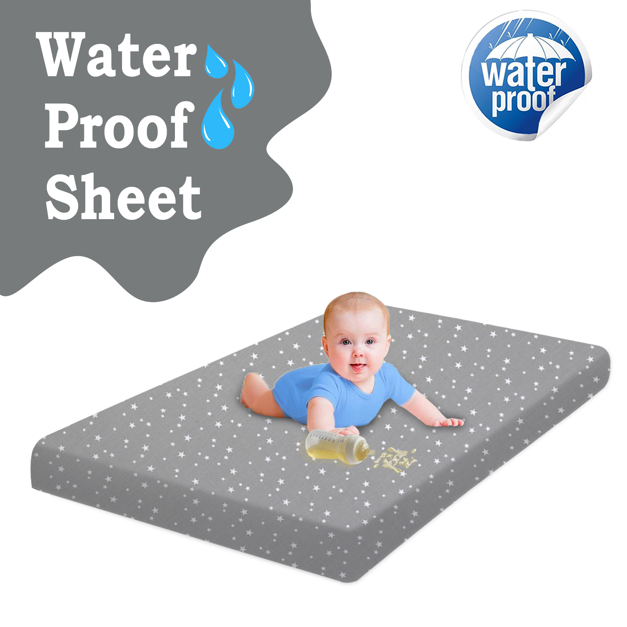 Lilly Belly Organic Cotton GOTS Pack of 2 Waterproof Baby Crib Sheets 90x55 cm, 60x120 cm, 70x140 (Star)