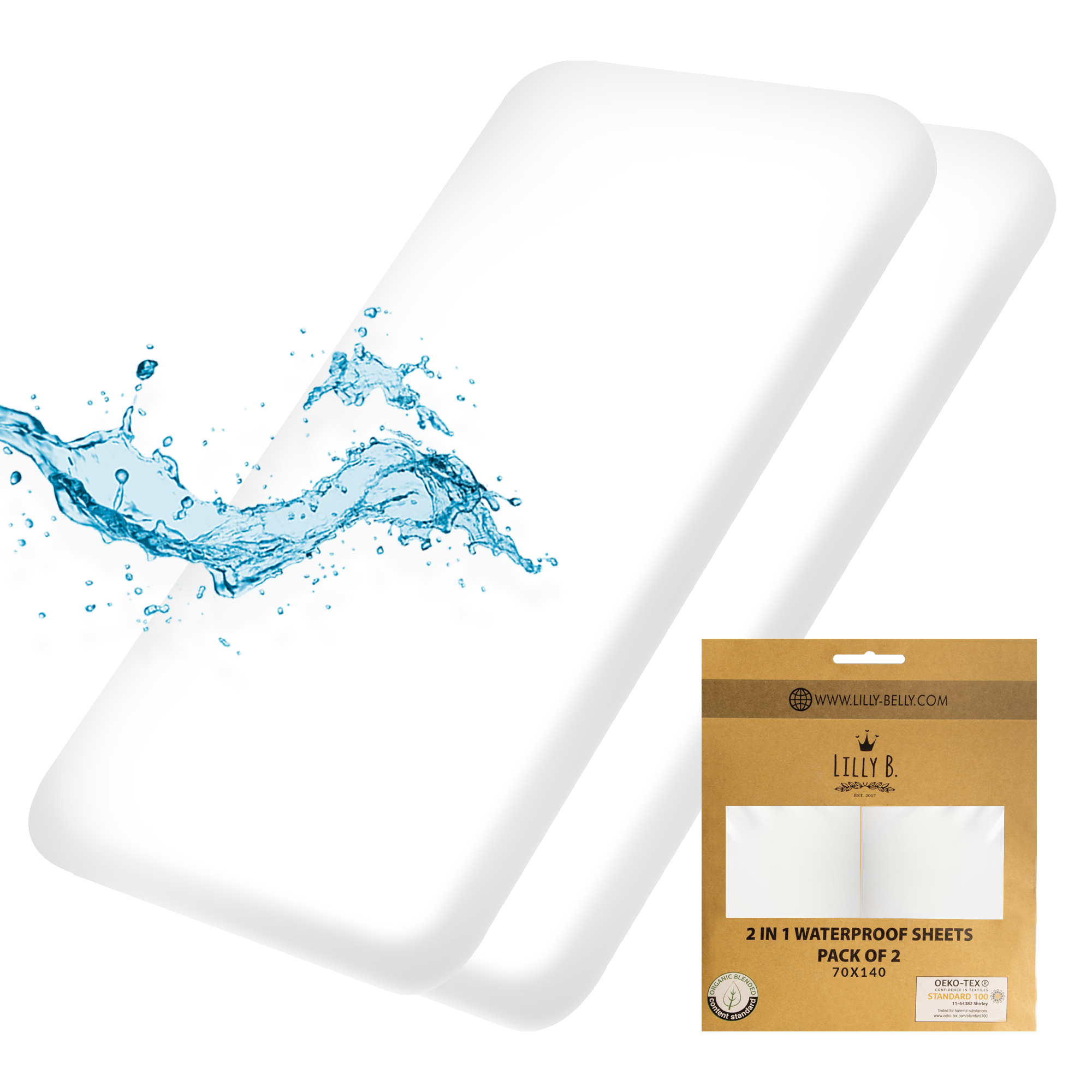 Lilly Belly Pack of 2 Organic Cotton Waterproof Crib Sheets 90x55 cm, 60x120 cm, 70x140 cm (White)