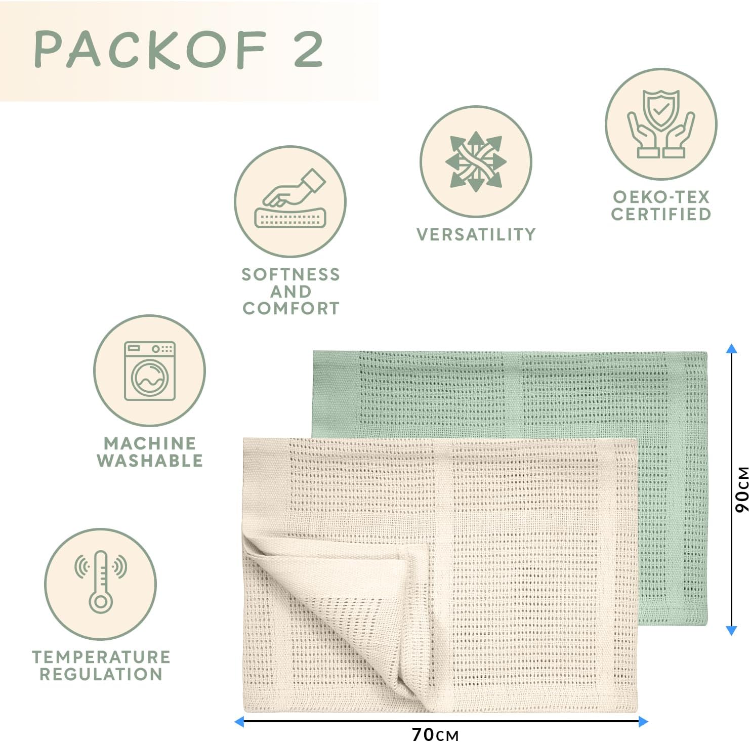 Pack of 2 Pure 100% Organic Cotton Baby Blankets, Baby Cellular Blankets 70 x 90 cm