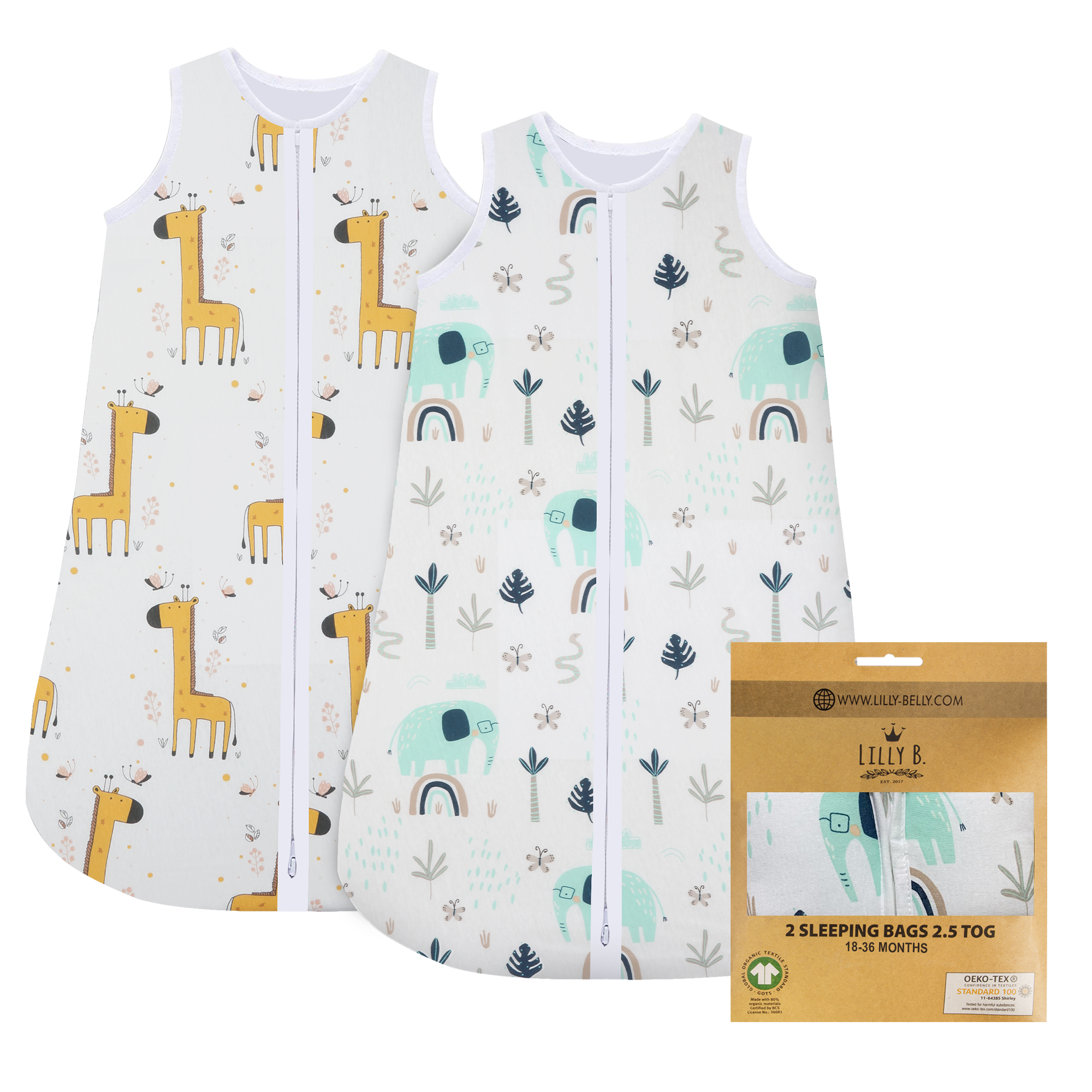 Lilly B. Unisex Sleeping Bags 2.5 tog Sleeping Bag 0-6, 6-18, 18-36 Months for All Seasons 100% Cotton Soft (2 Pack)