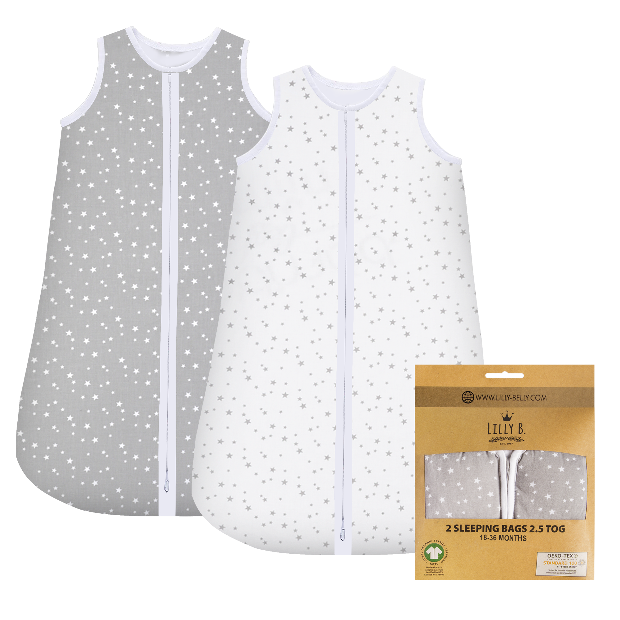Lilly B. Unisex 2.5 tog Baby Sleeping Bags 0-6, 6-18,18-36 Months for All Seasons 100% Cotton Material Soft, (Pack of 2)