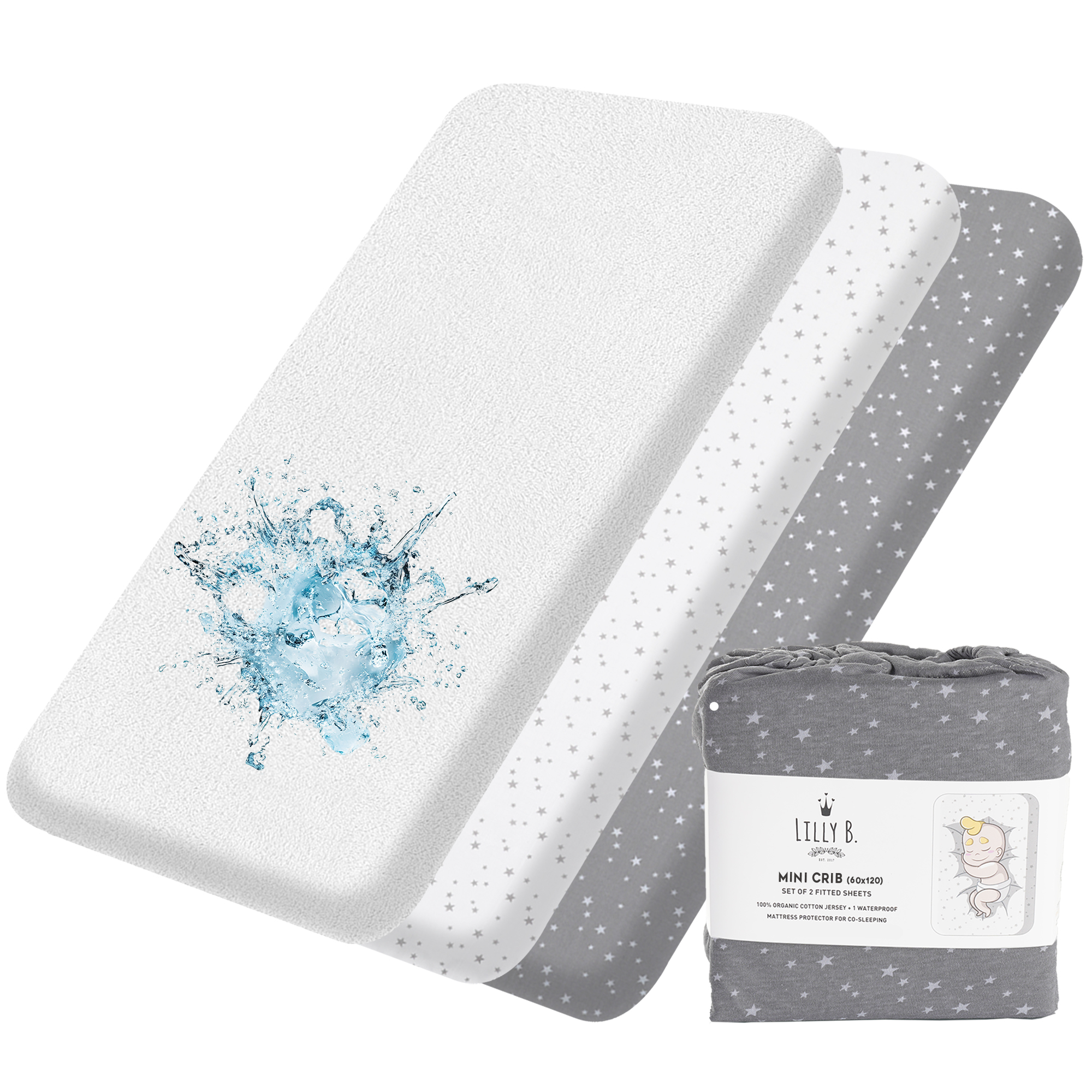 Lilly Belly Pack of 3 100% Organic Cotton, Cot Bed Sheets 2+1 Waterproof Protector 90x55cm, 60x120 cm, 70x140 cm. (Star)