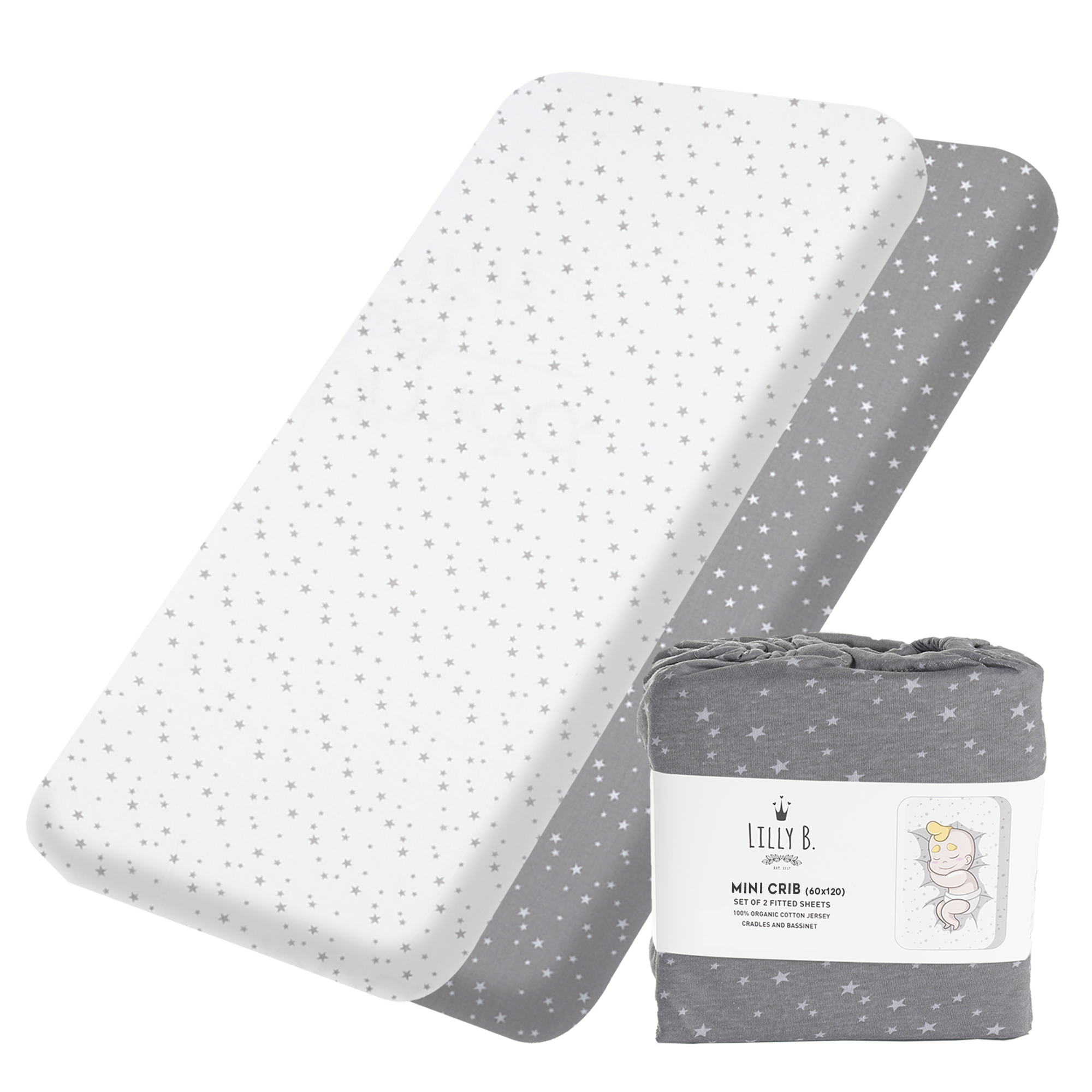 Lilly Belly Pack of 2 100% Organic Cotton Cert. Simple Crib Sheets 90x55cm, 60X120cm,70x140cm (Star)