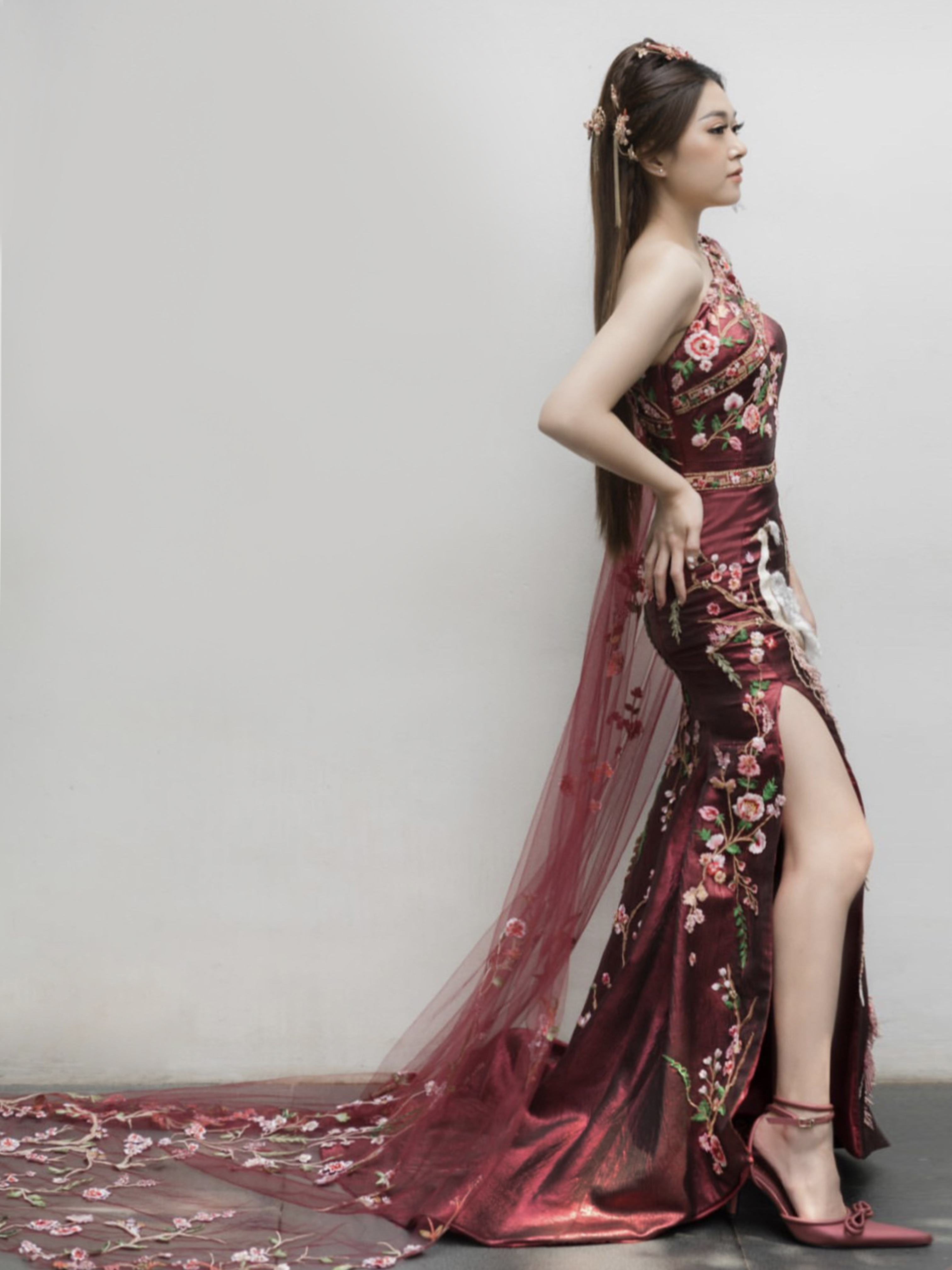 CC005- Assymetrical Red Peacock Cheongsam