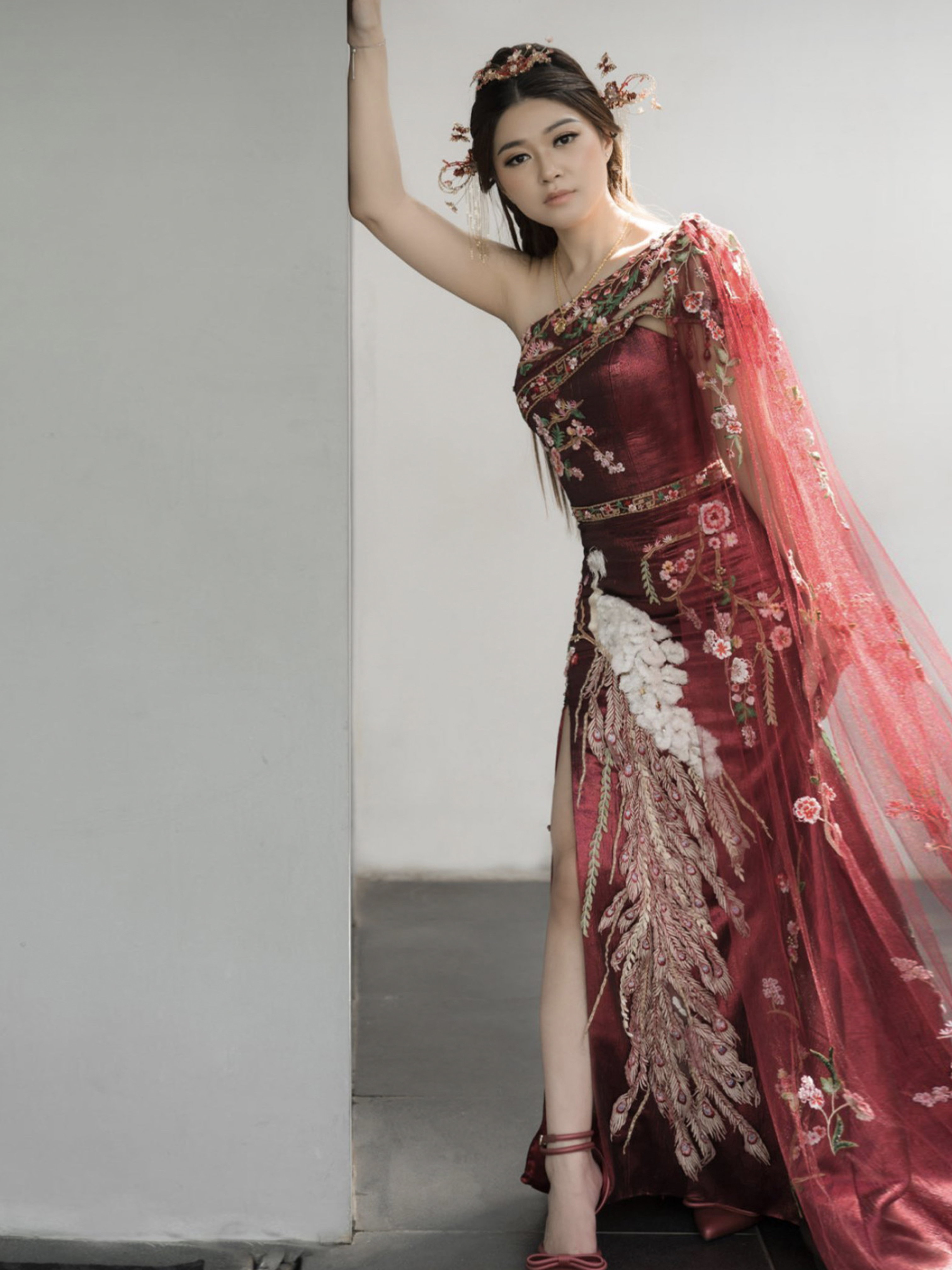 CC005- Assymetrical Red Peacock Cheongsam
