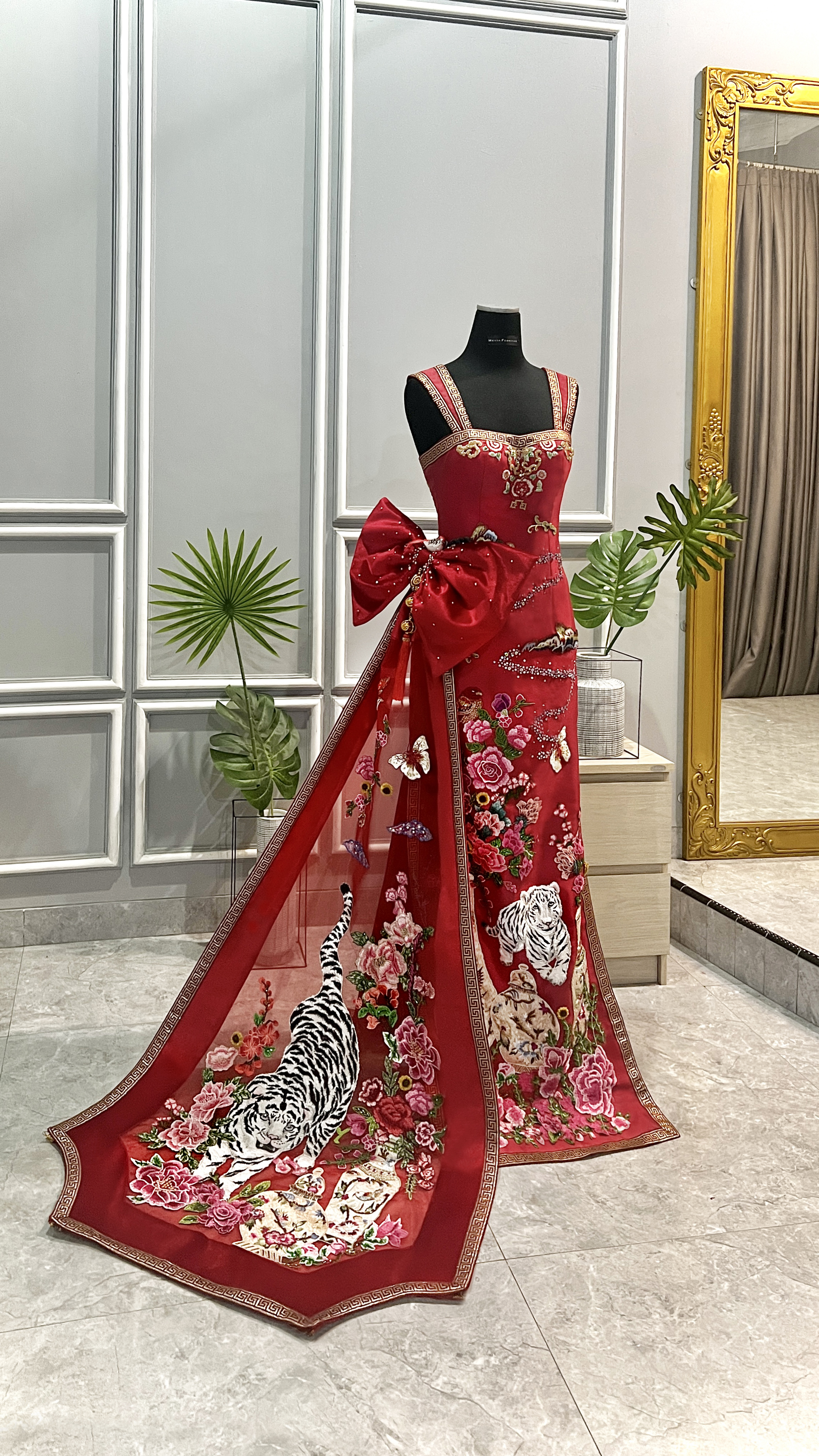 CC012- White Tiger Embroidery on Red Cheongsam