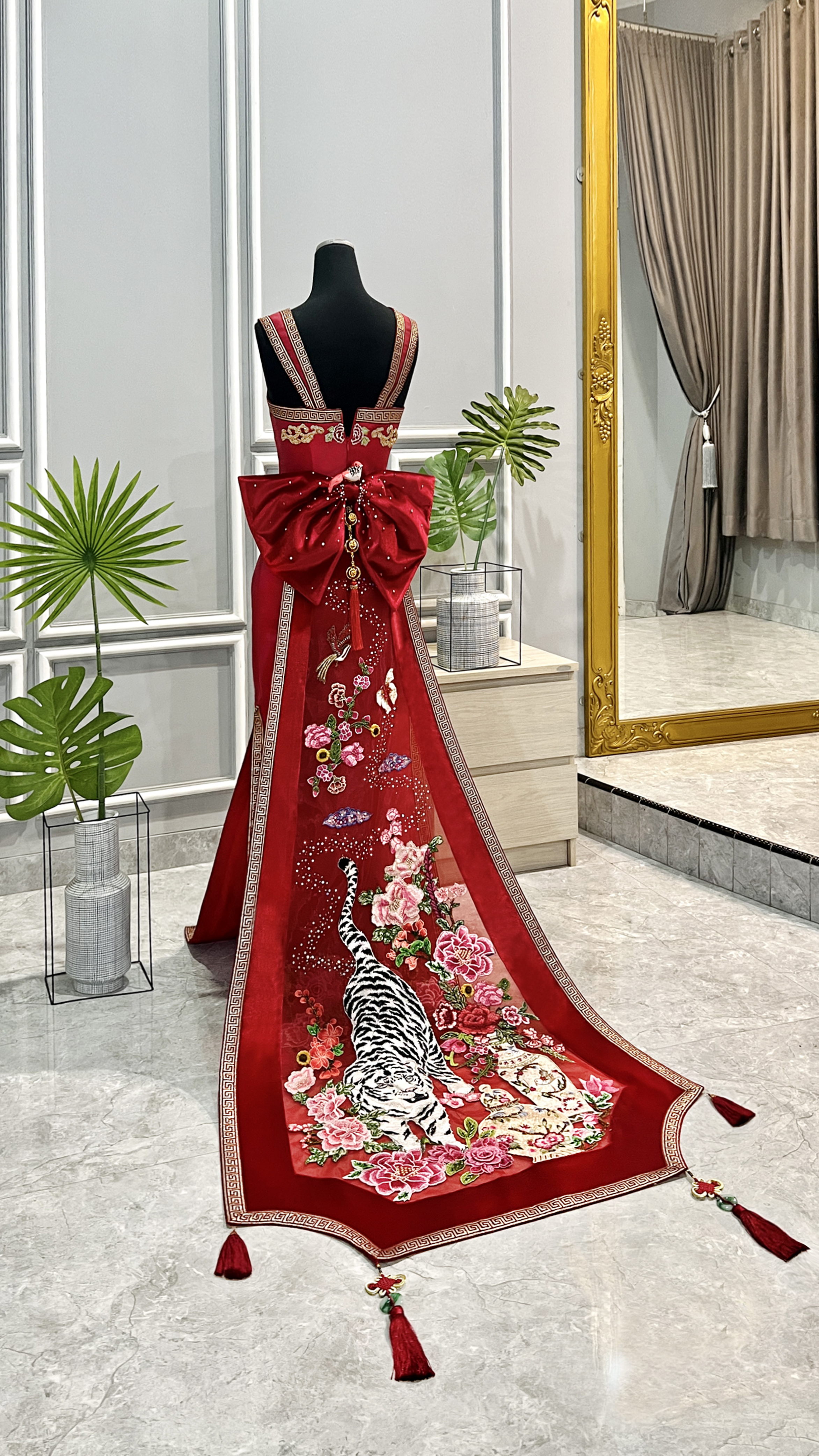 CC012- White Tiger Embroidery on Red Cheongsam