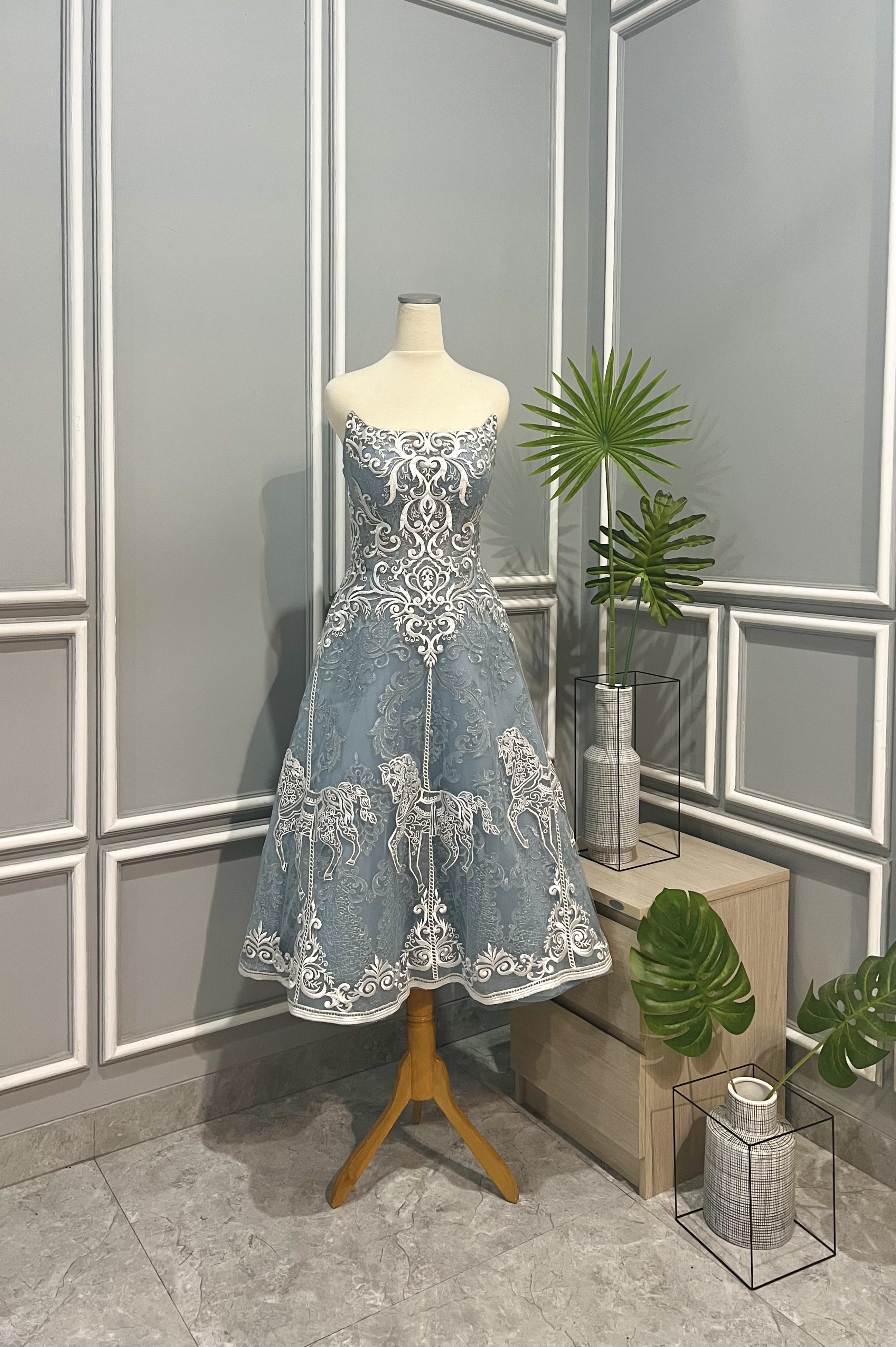GC001- Whimsical Whirl: Dusty Blue Merry-Go-Round A-Line Dress