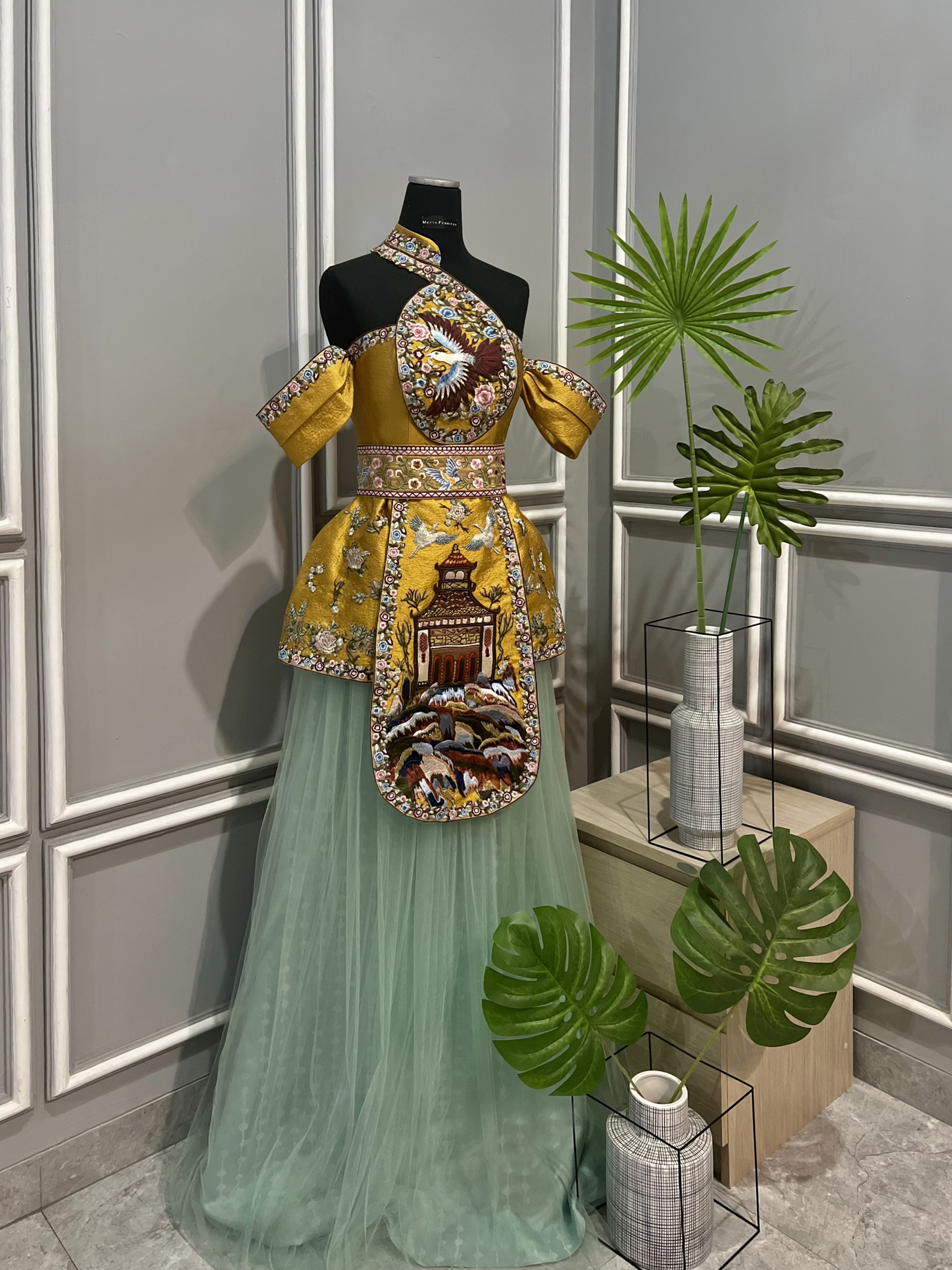 CC013- Colorblock Cheongsam in Regal Gold and Pastel Skirt