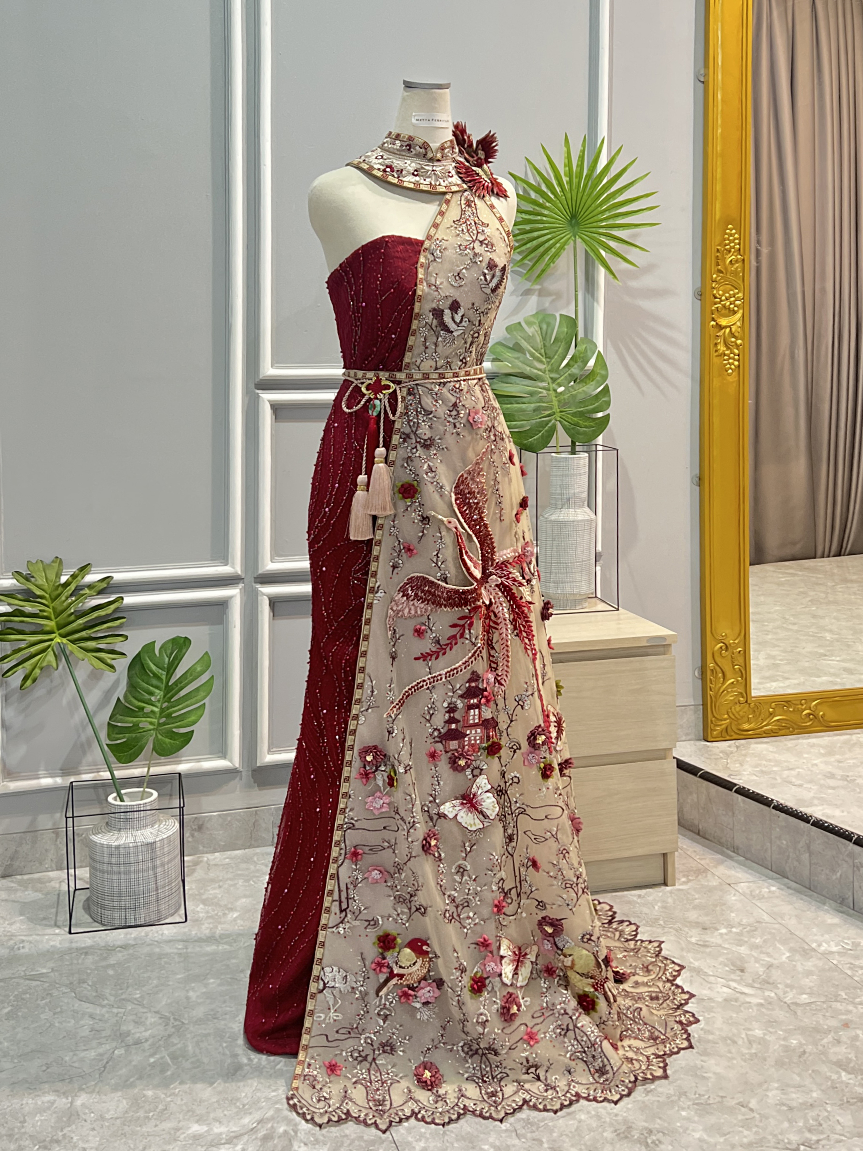 CC015- Colorblocked Assymetrical Cheongsam in Bold Red and Nude
