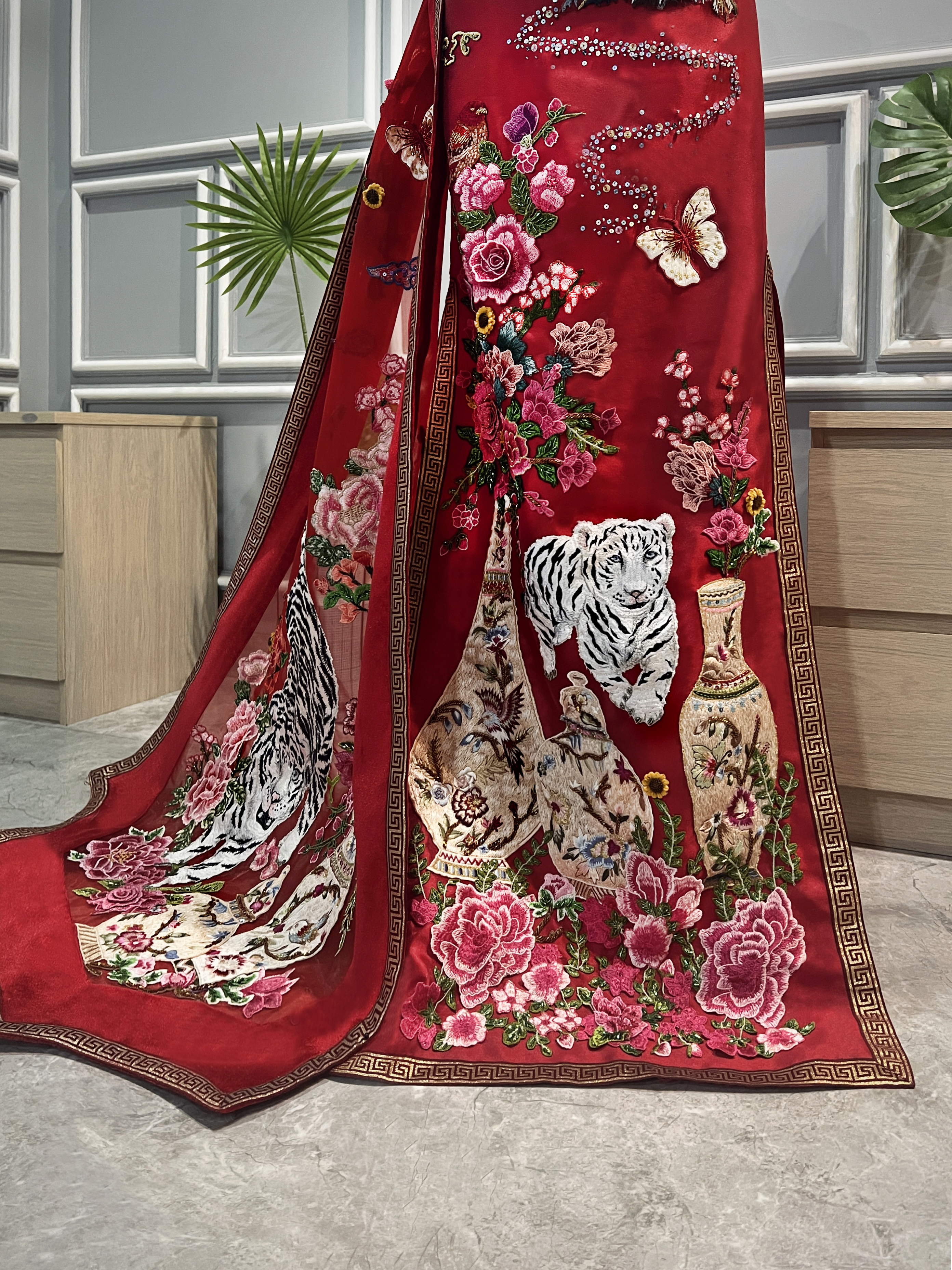 CC012- White Tiger Embroidery on Red Cheongsam