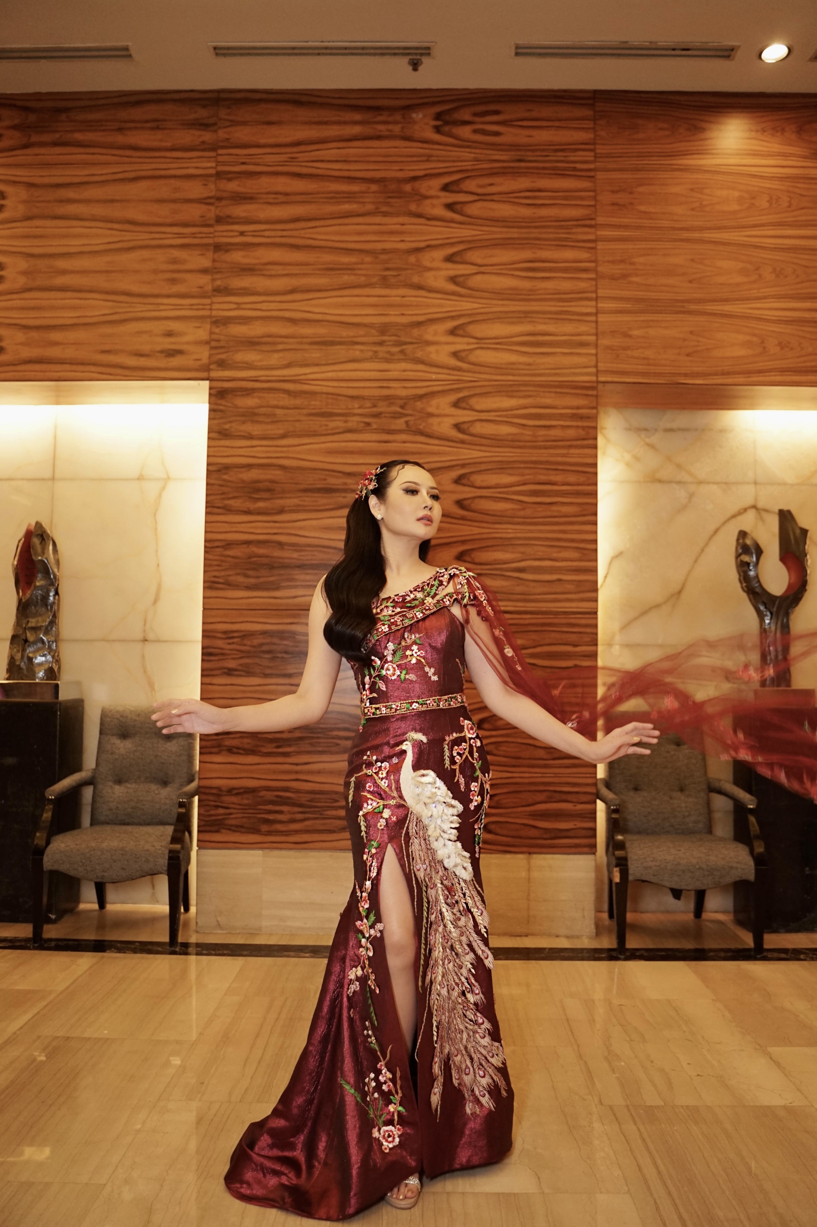 CC005- Assymetrical Red Peacock Cheongsam