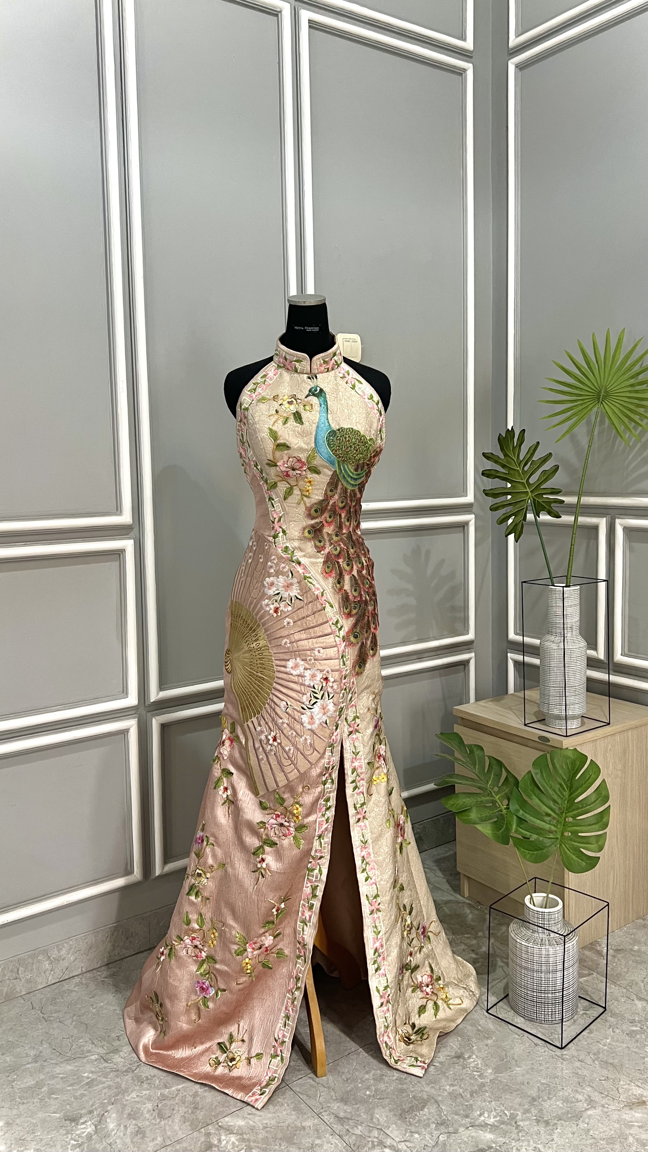 CC020 -  Graceful Plumage : The Rosegold & Nude Peacock Cheongsam