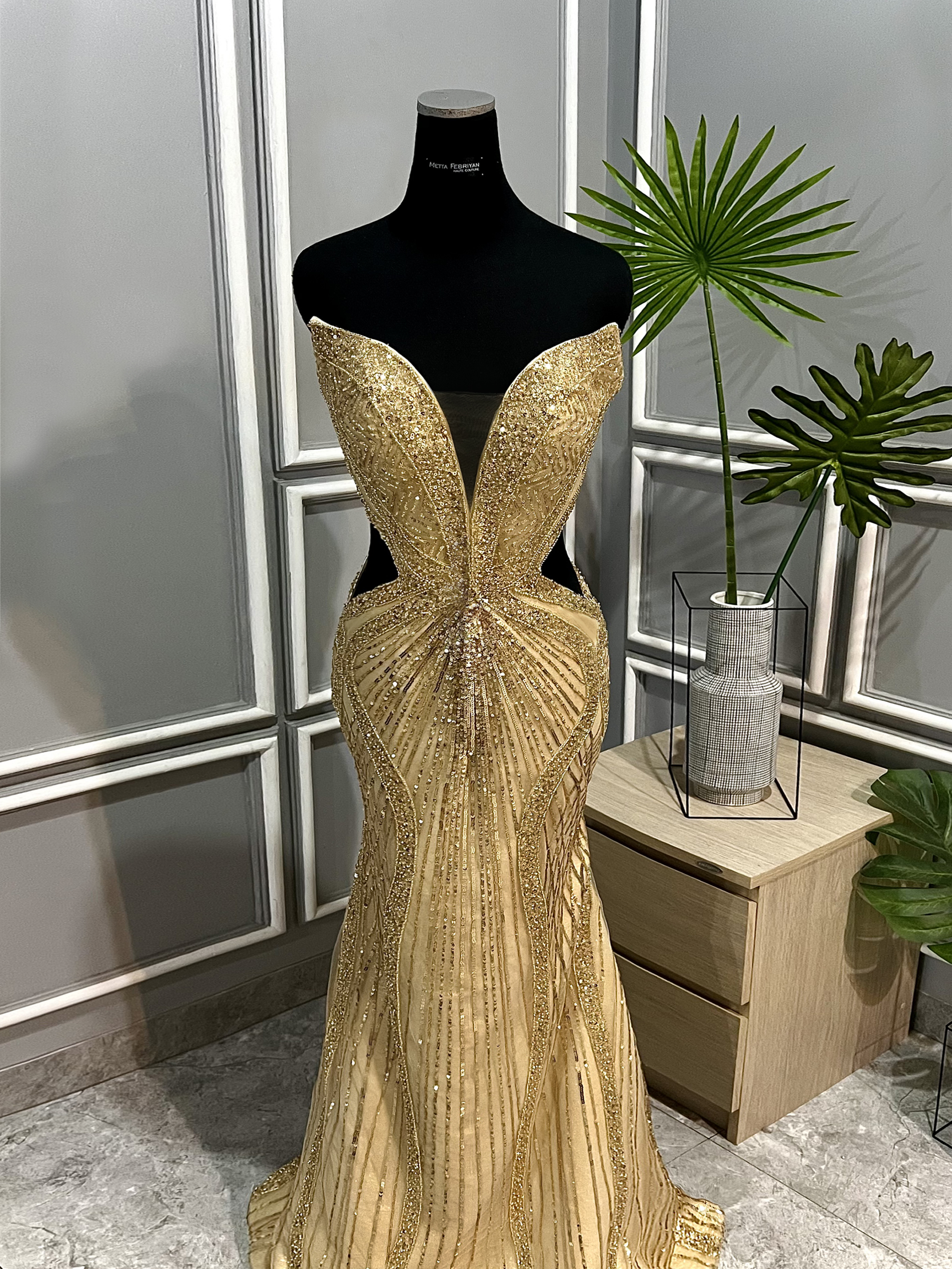 GC006 - Golden Monarch: Champagne Beaded Mermaid Gown with Royal Cape