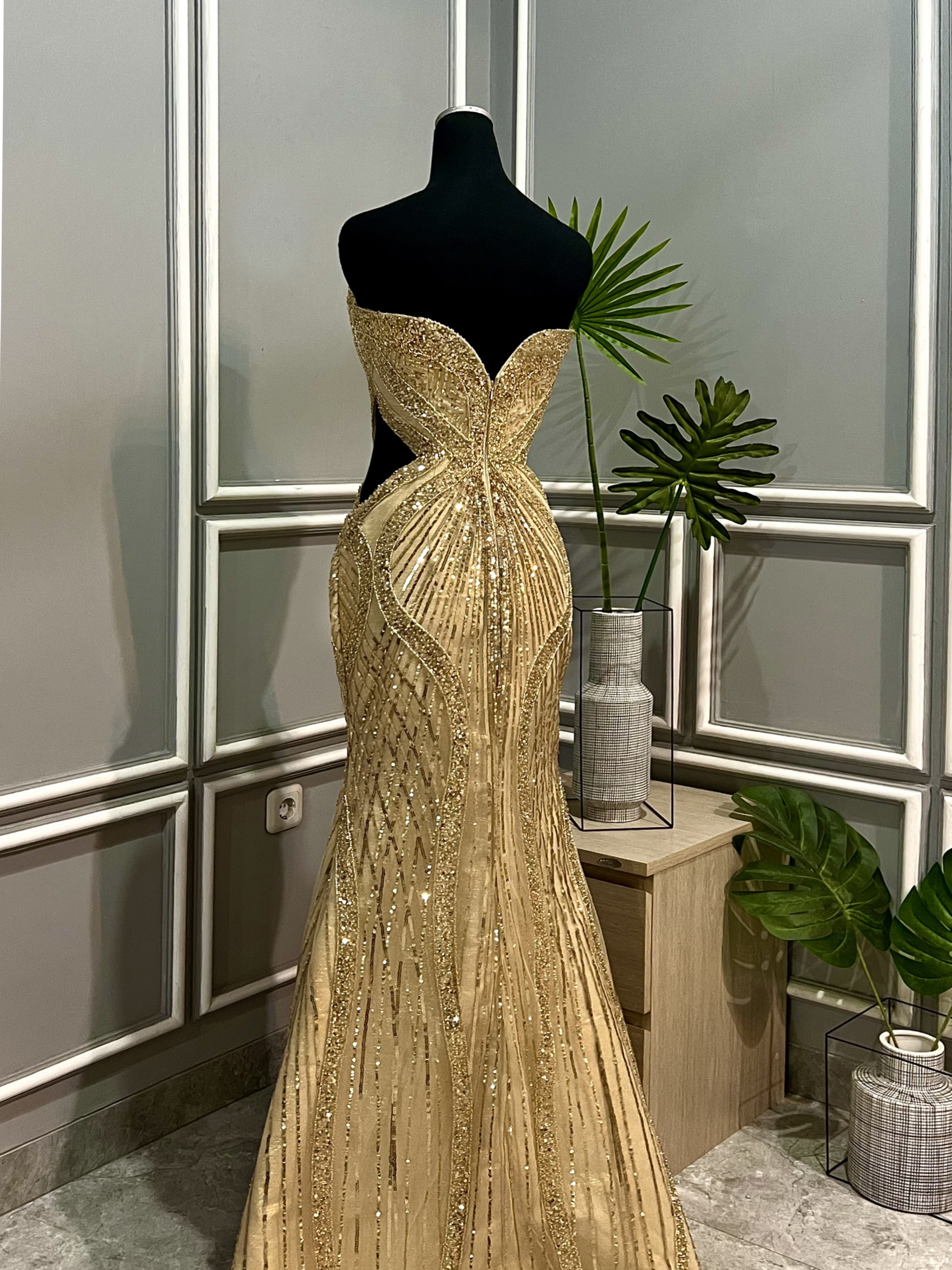 GC006 - Golden Monarch: Champagne Beaded Mermaid Gown with Royal Cape