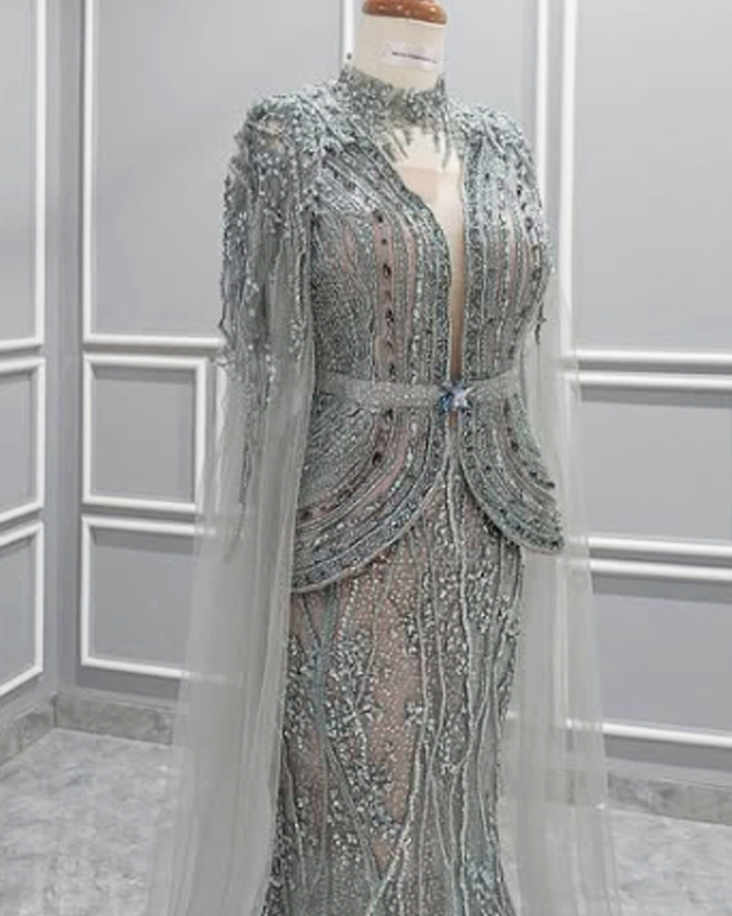 GC004 - Light Sage Green full beaded gown