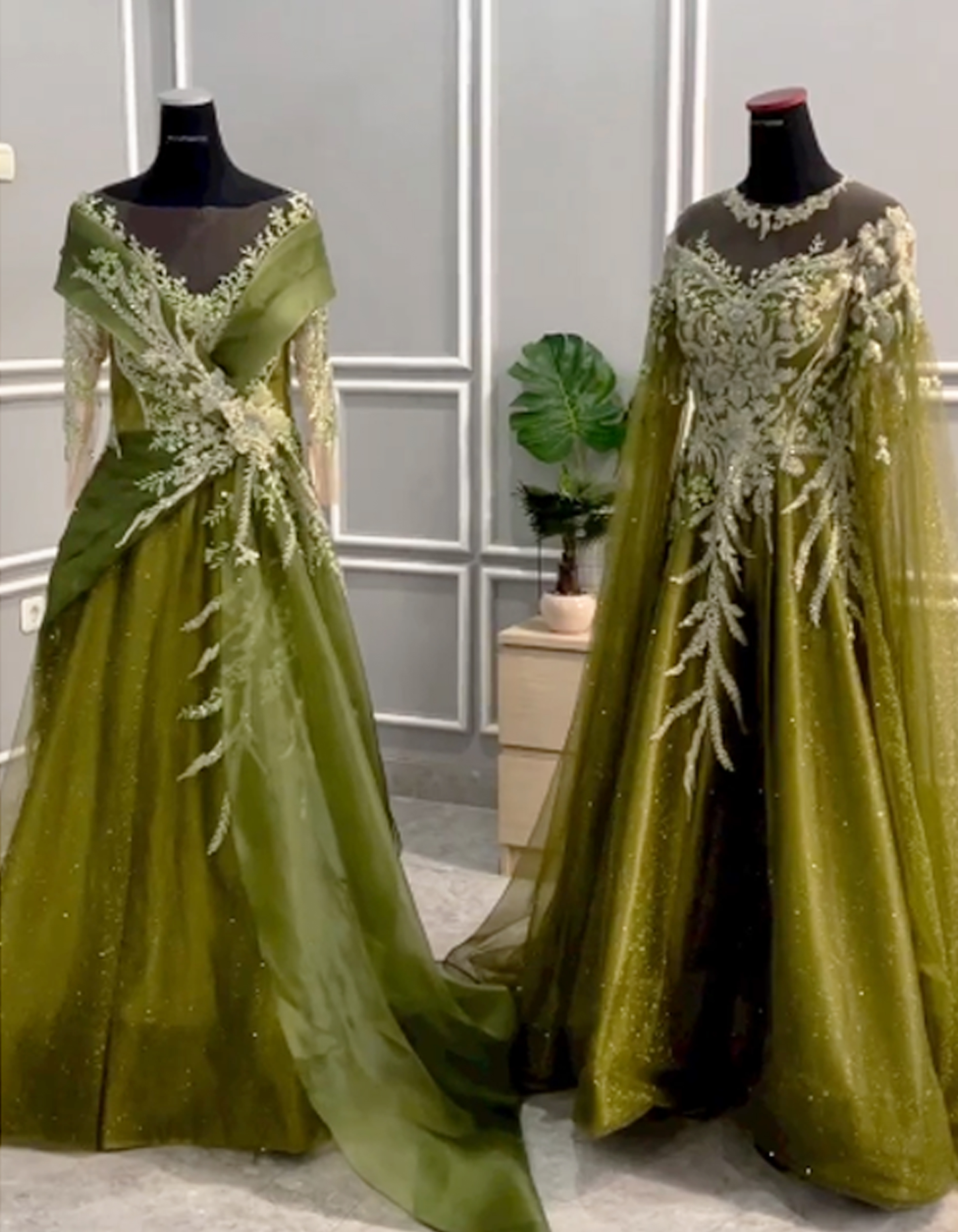 GC022 - Elegant Olive Green Evening Gown with Detachable Glitter Cape