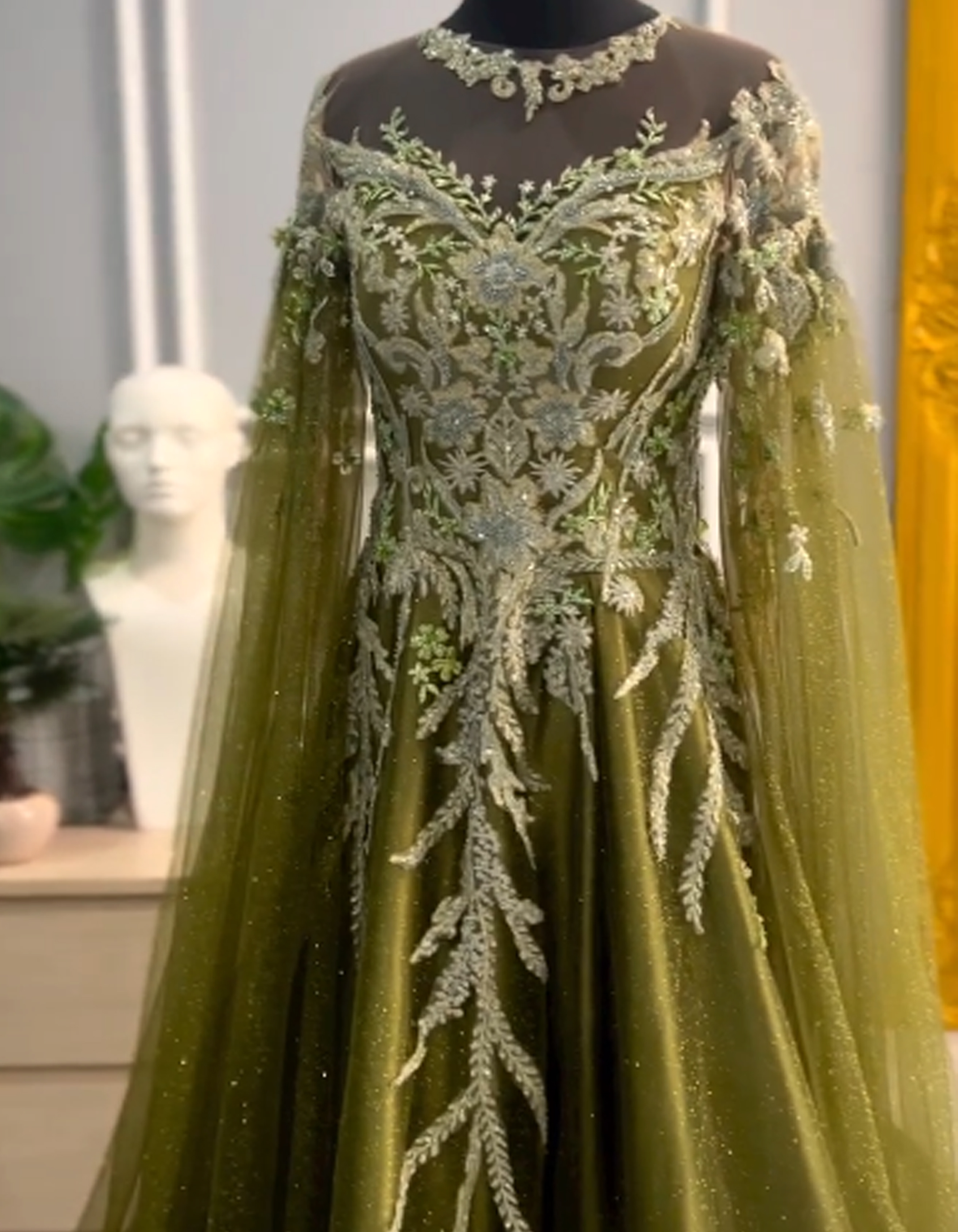 GC022 - Elegant Olive Green Evening Gown with Detachable Glitter Cape