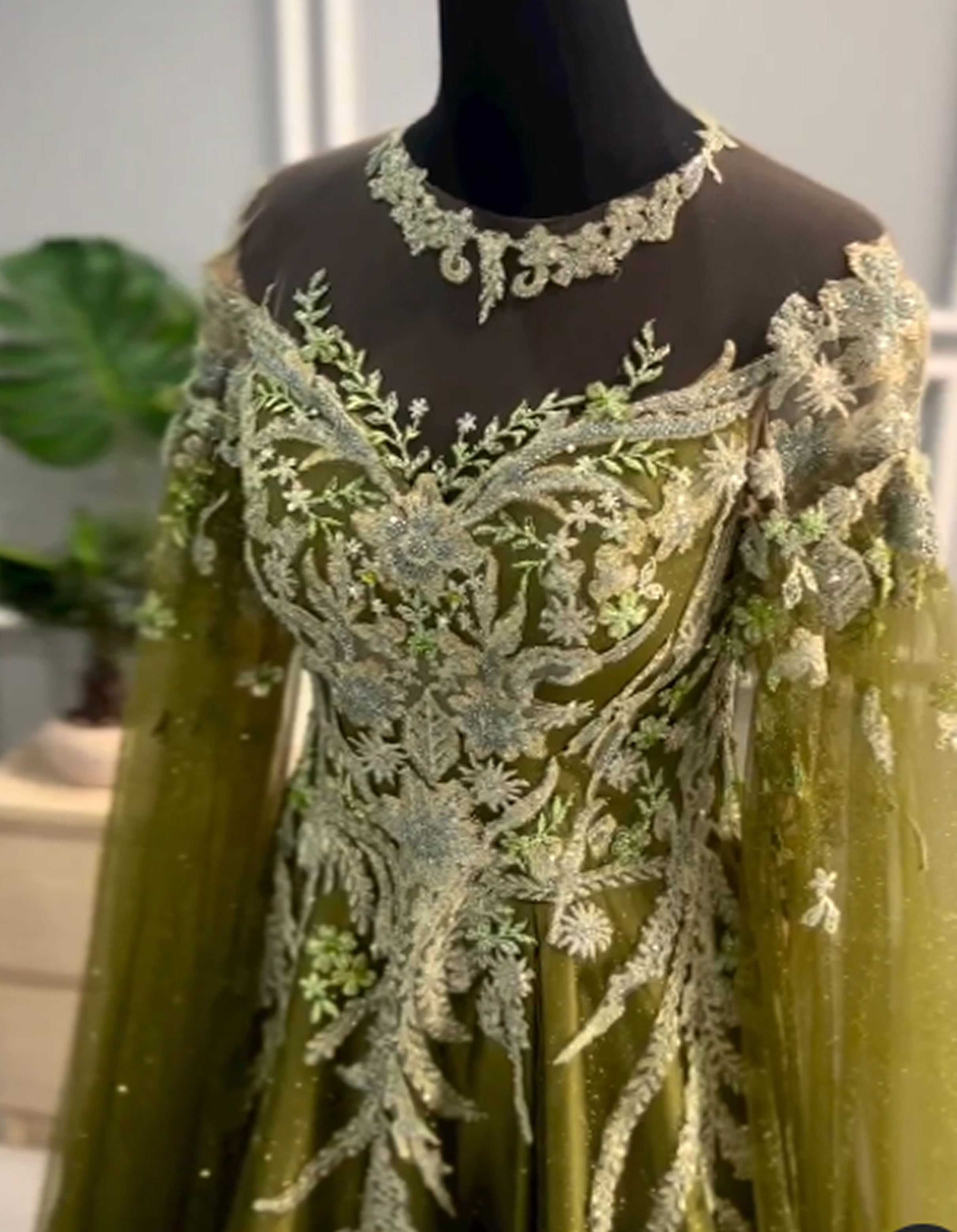GC022 - Elegant Olive Green Evening Gown with Detachable Glitter Cape
