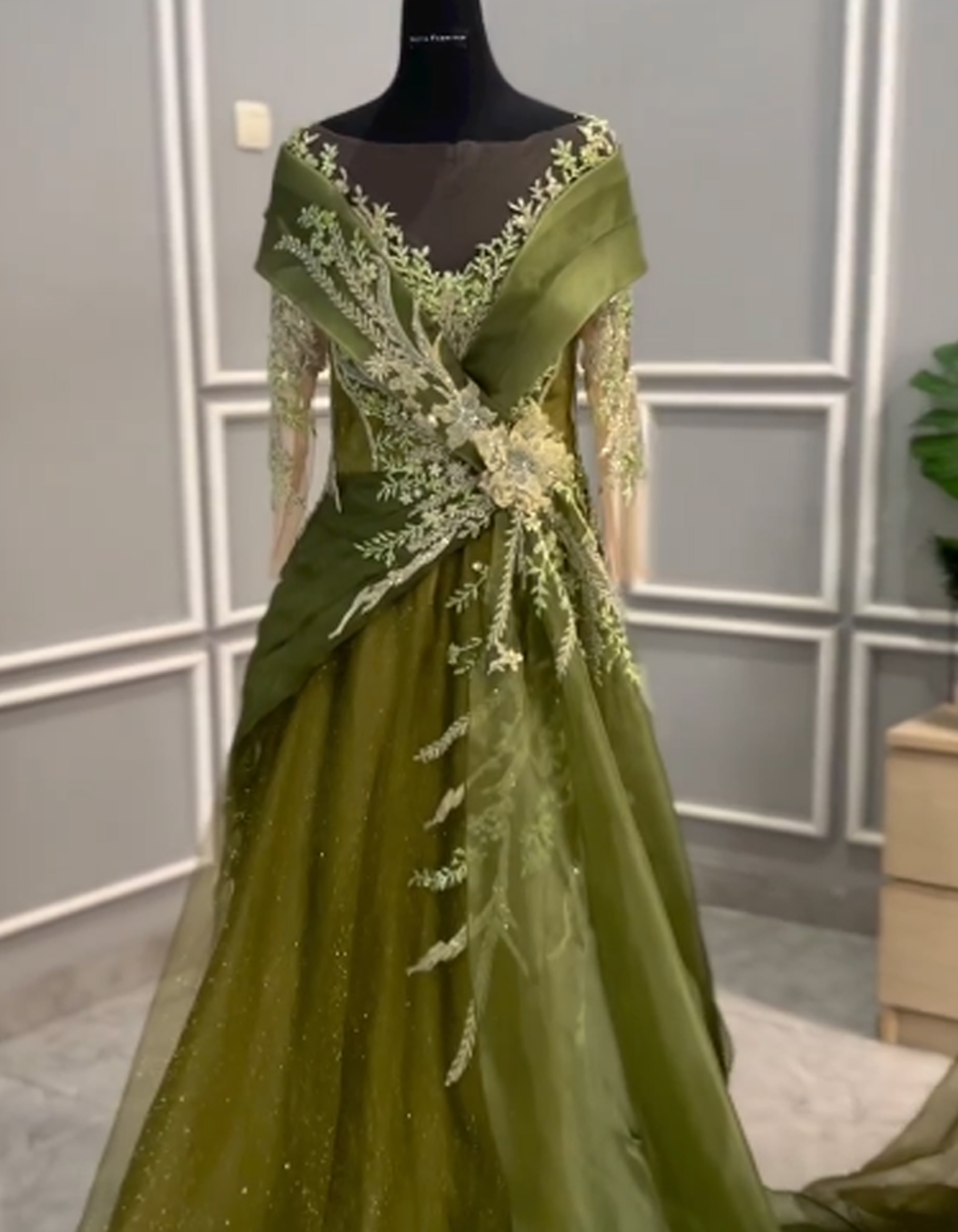 GC023 - Olive Green Couture Gown with Detachable Off-Shoulder Organza Cape