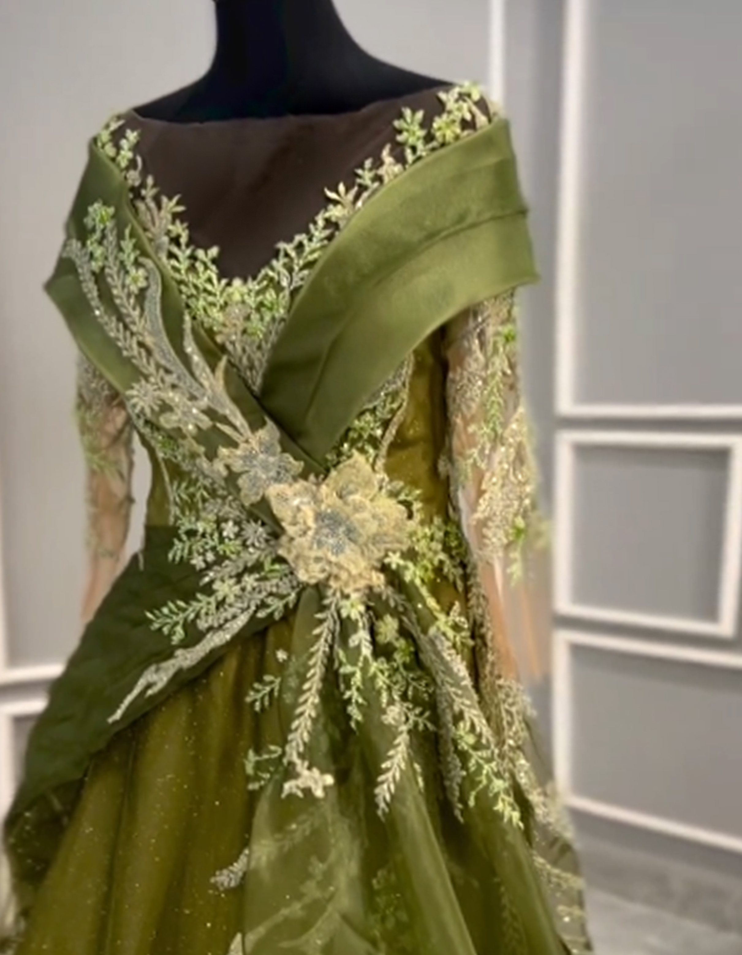 GC023 - Olive Green Couture Gown with Detachable Off-Shoulder Organza Cape