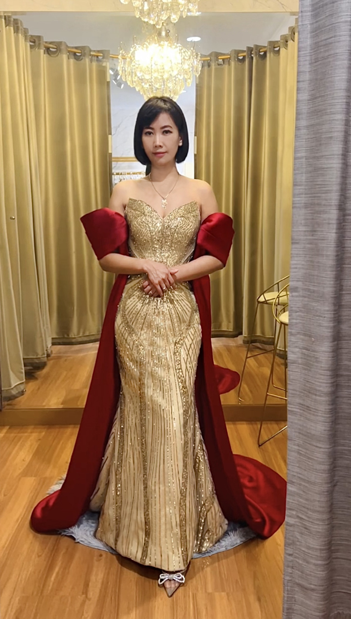 GC006 - Golden Monarch: Champagne Beaded Mermaid Gown with Royal Cape