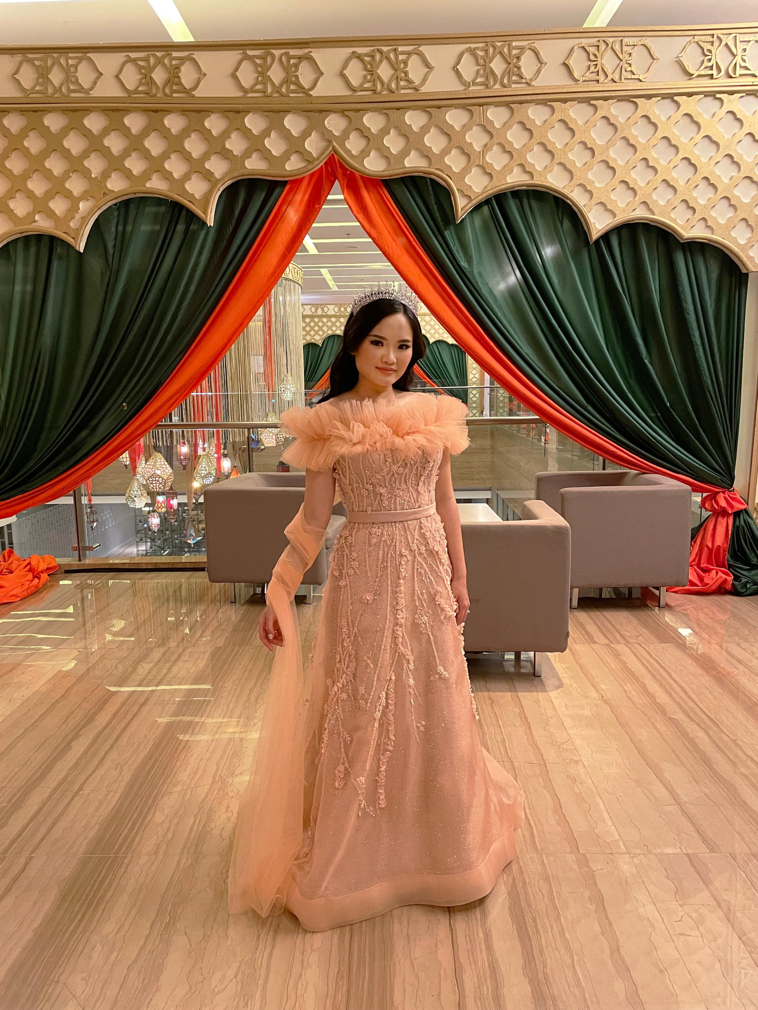 GC024 - Peach Blossom Grace: 3D Floral Appliqué A-Line Gown
