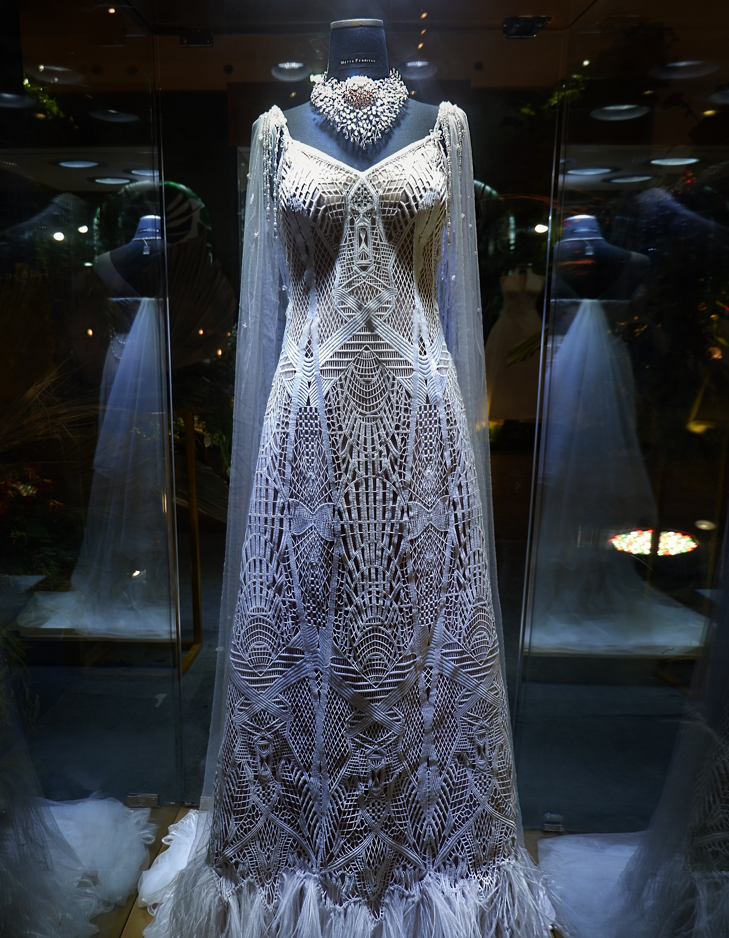 WC027 - Whispered Geometry: Nude A-Line Lace Gown with Light Cape