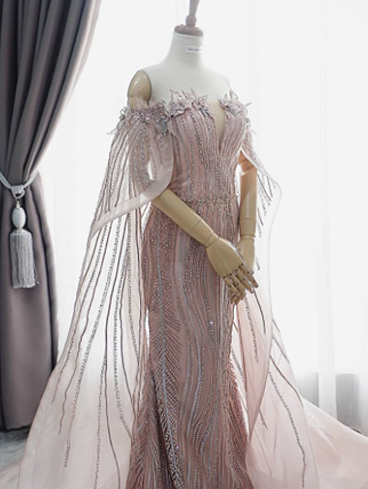 GC026 - Ethereal Grace: Dusty Pink Embroidered Wing Cape