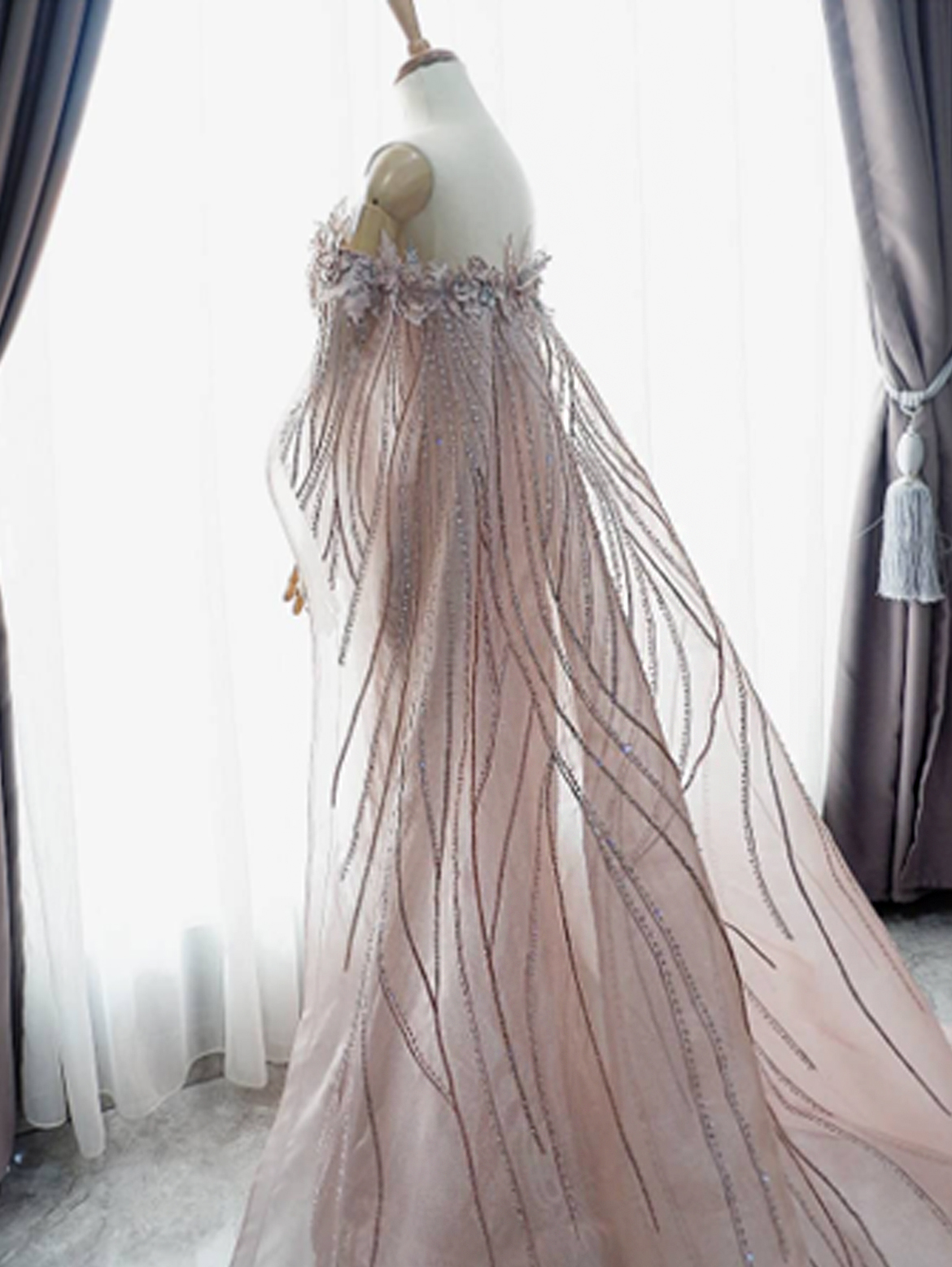 GC026 - Ethereal Grace: Dusty Pink Embroidered Wing Cape