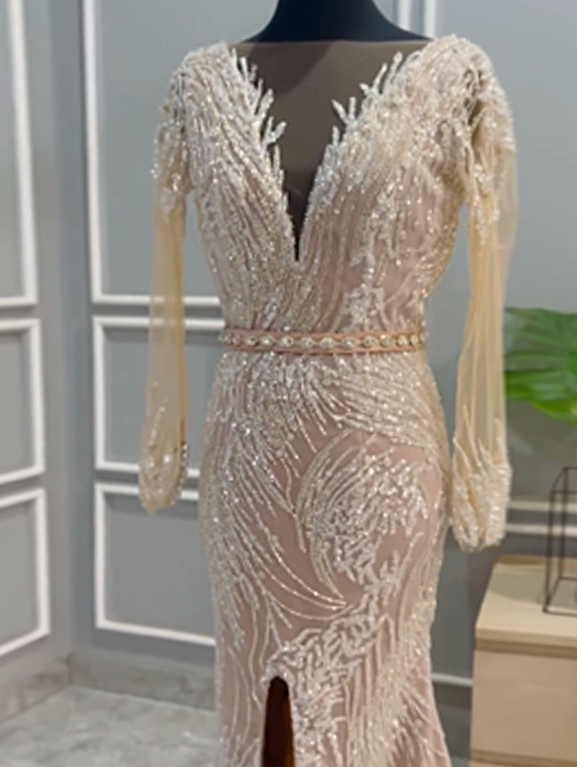 WC028 - Whispered Geometry: Nude Mermaid Lace Gown