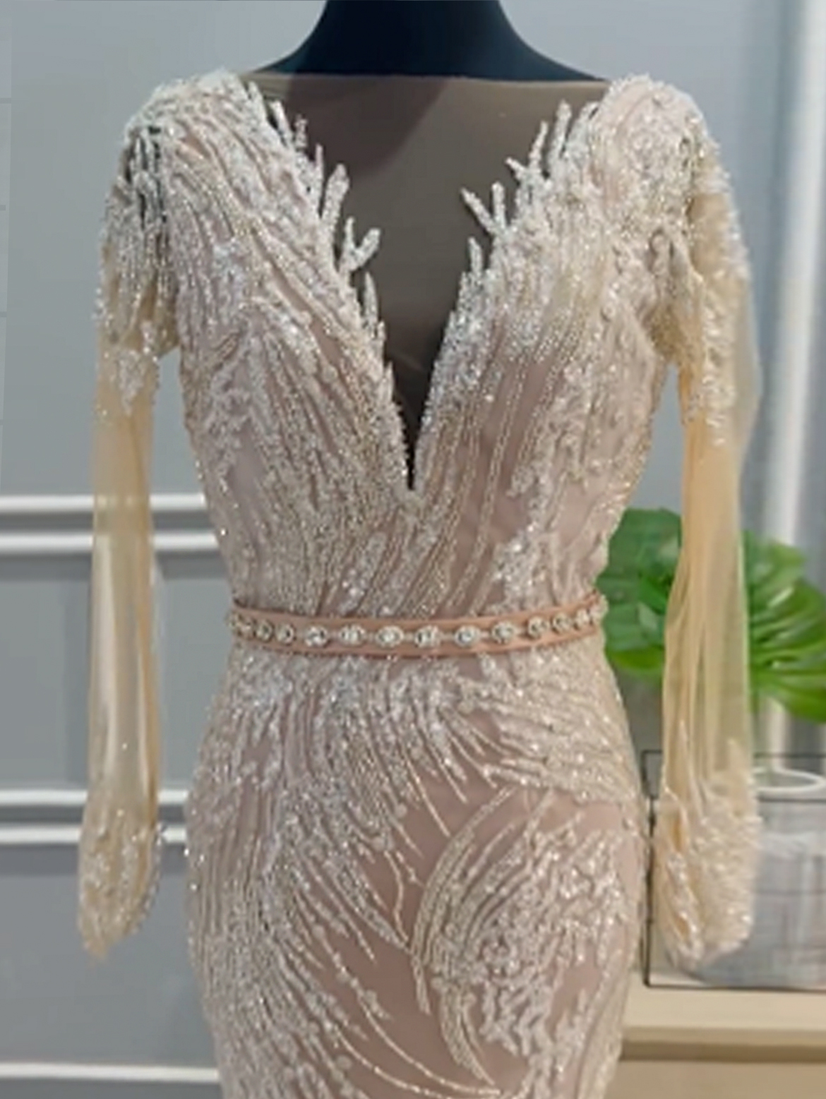 WC028 - Whispered Geometry: Nude Mermaid Lace Gown