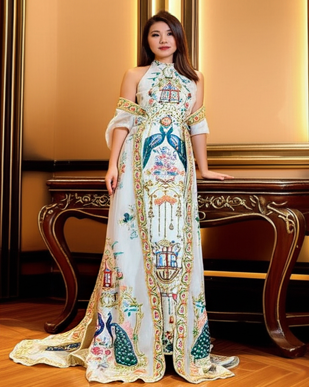 CC038 -  Majestic Poise: The White Peacock Cheongsam