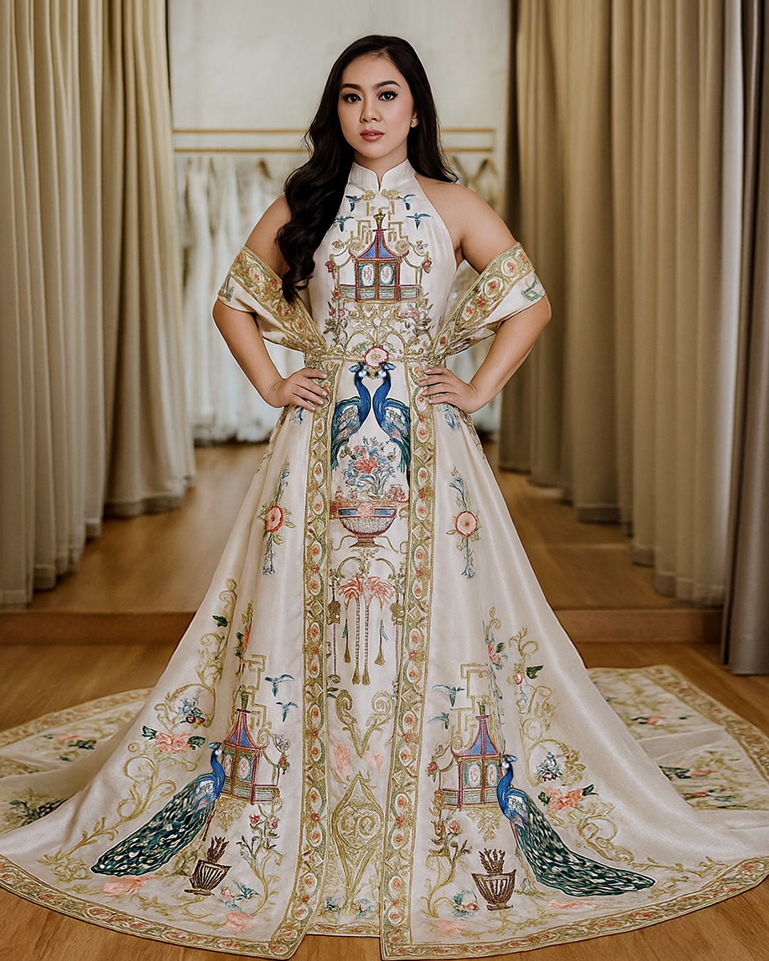CC038 -  Majestic Poise: The White Peacock Cheongsam