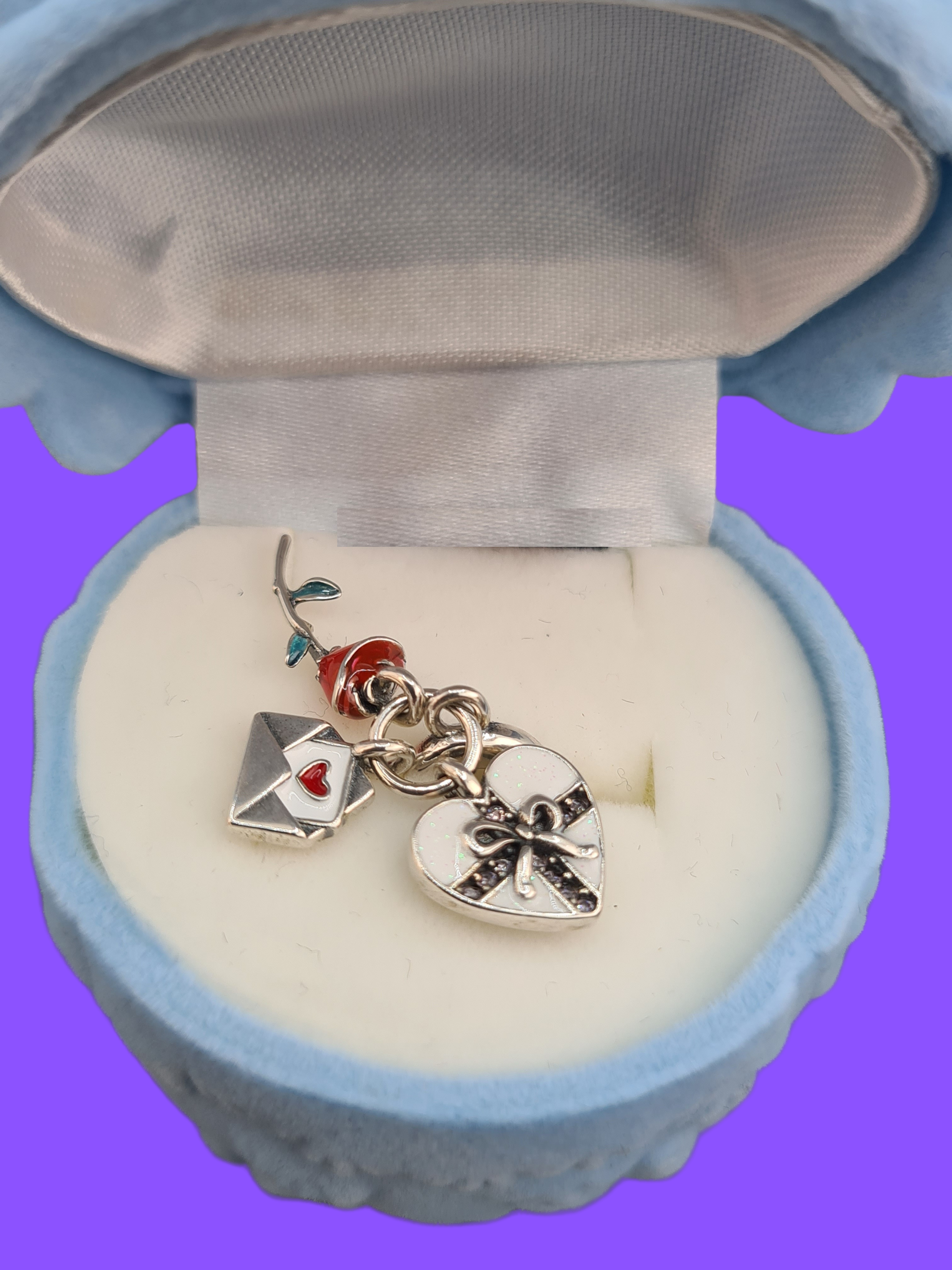 925 Sterling Silver Red Rose, Love Letter & Locket Charm Set with Owl Presentation Box